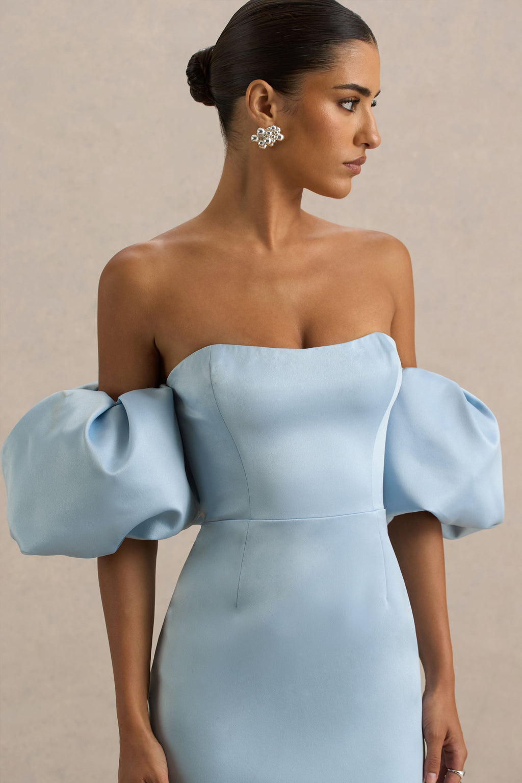 Imogen | Powder Blue Satin Short-Sleeve Bardot Midi Dress With Ruffle Detail