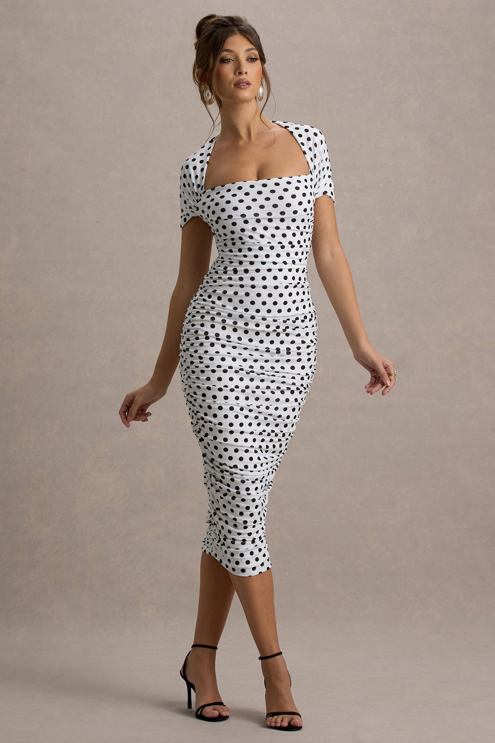 Paxos | White Polka Dot Ruched Short-Sleeve Midi Dress