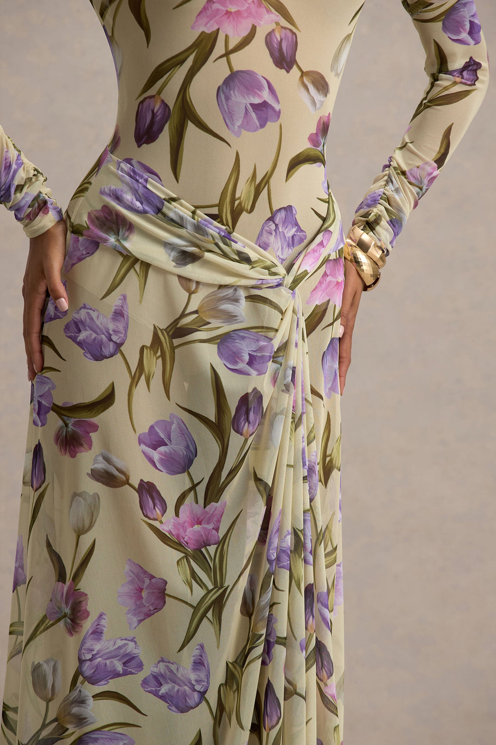 Koami | Yellow Floral Long-Sleeve Ruched Maxi Dress With High Split