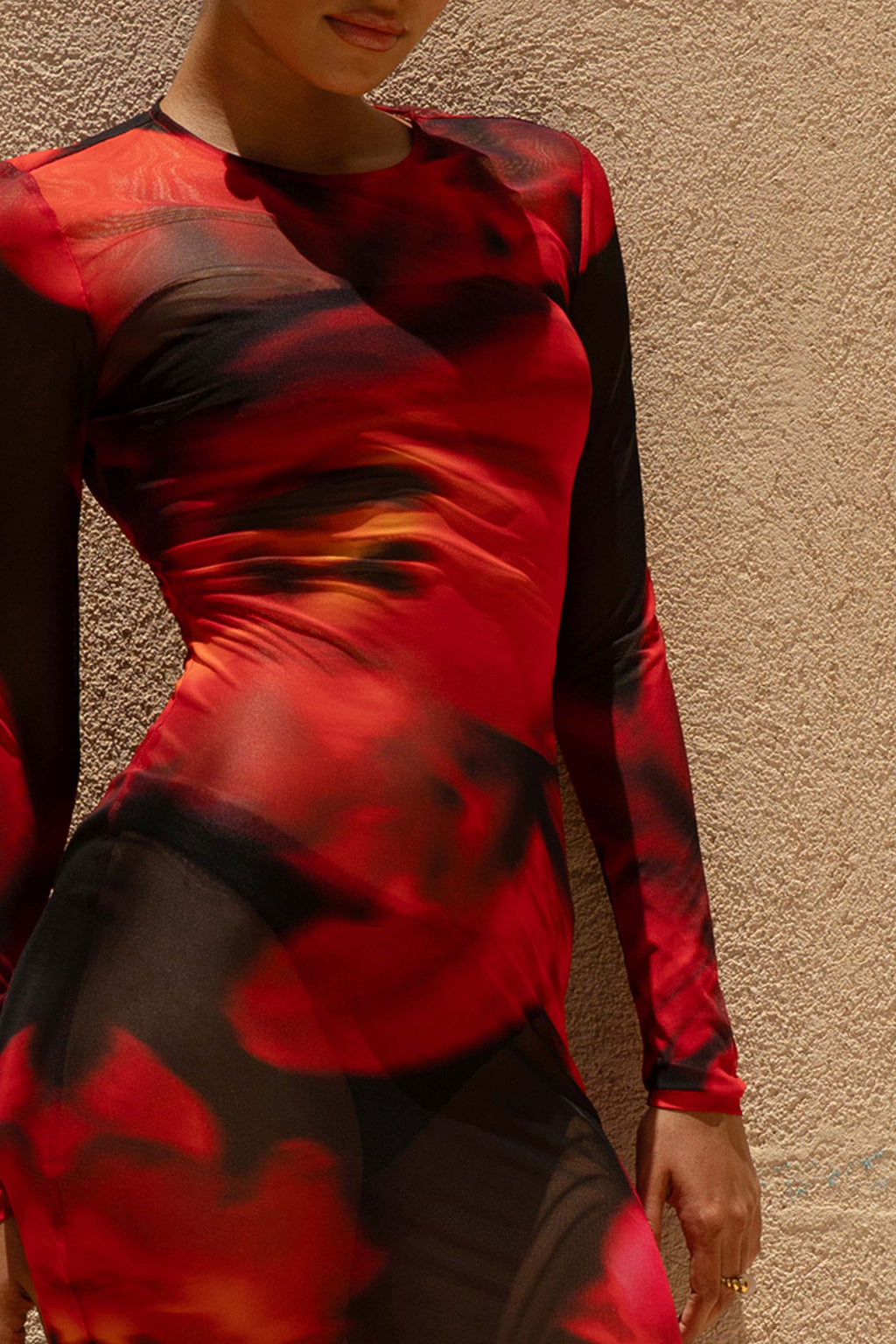 Marcy | Red And Black Floral Print High-Neck Maxi Dress