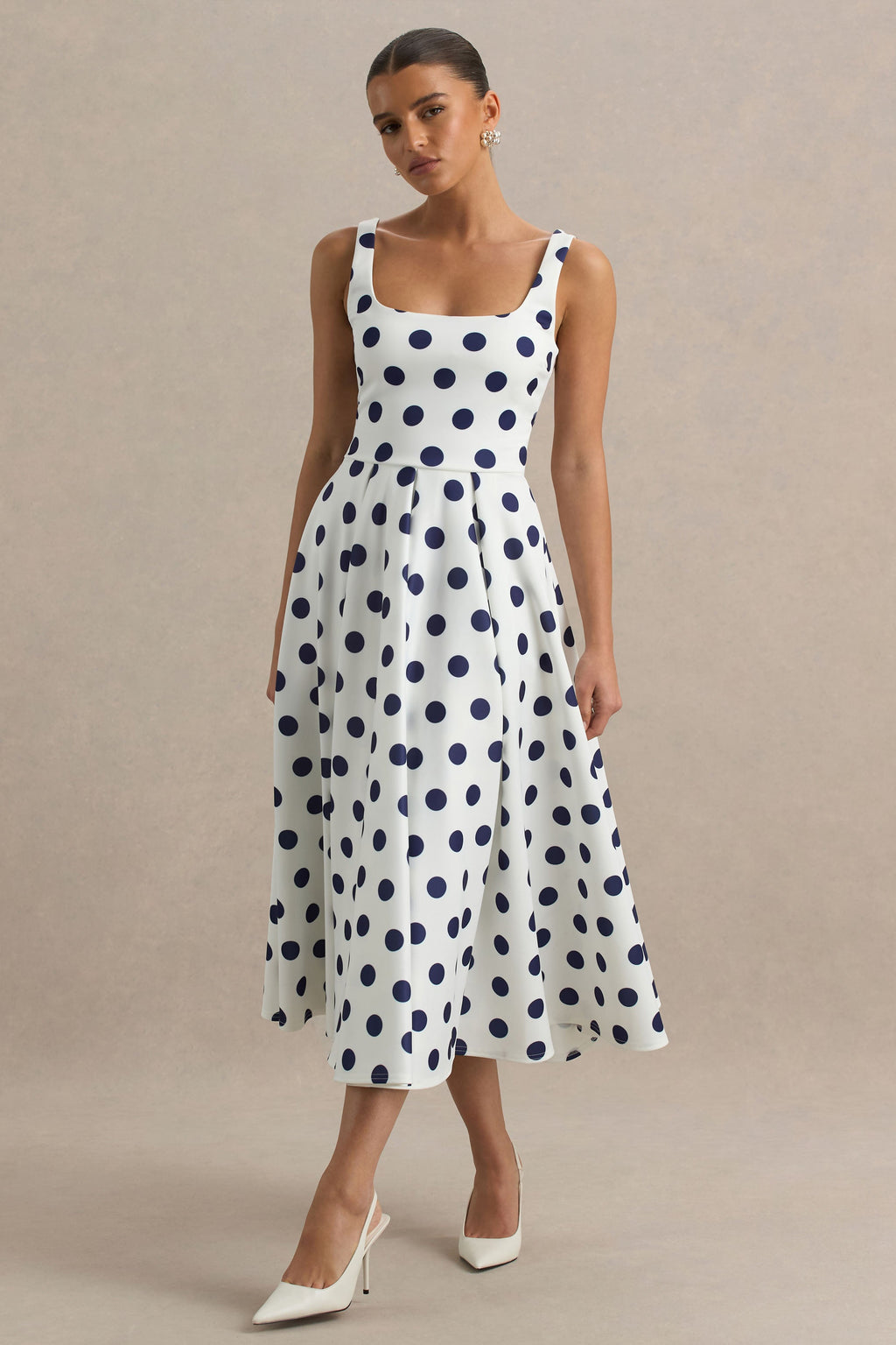 Berta | White And Navy Polka-Dot Square-Neck Midi Dress