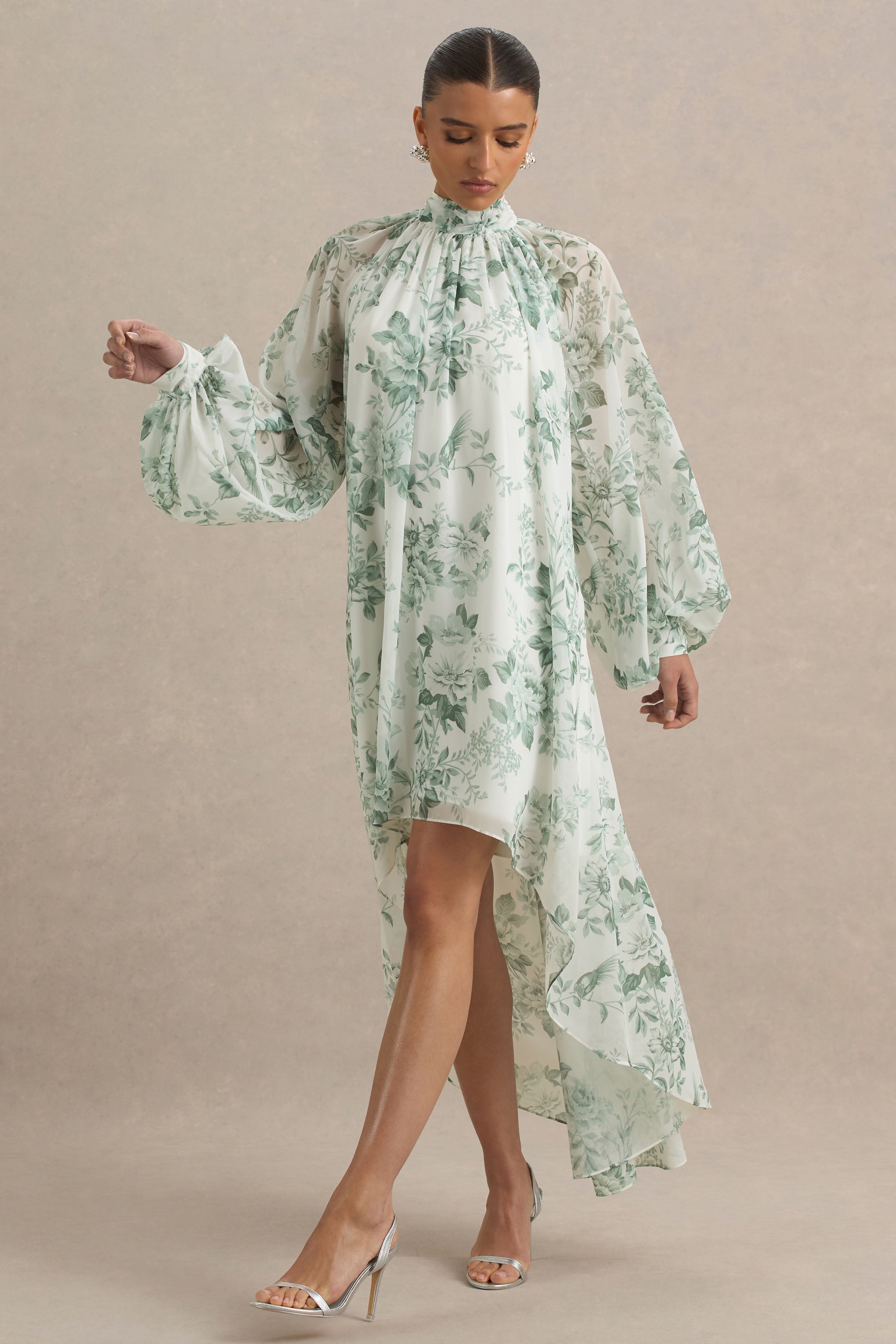 Delphia | Green Floral Print High-Neck Maxi Dress