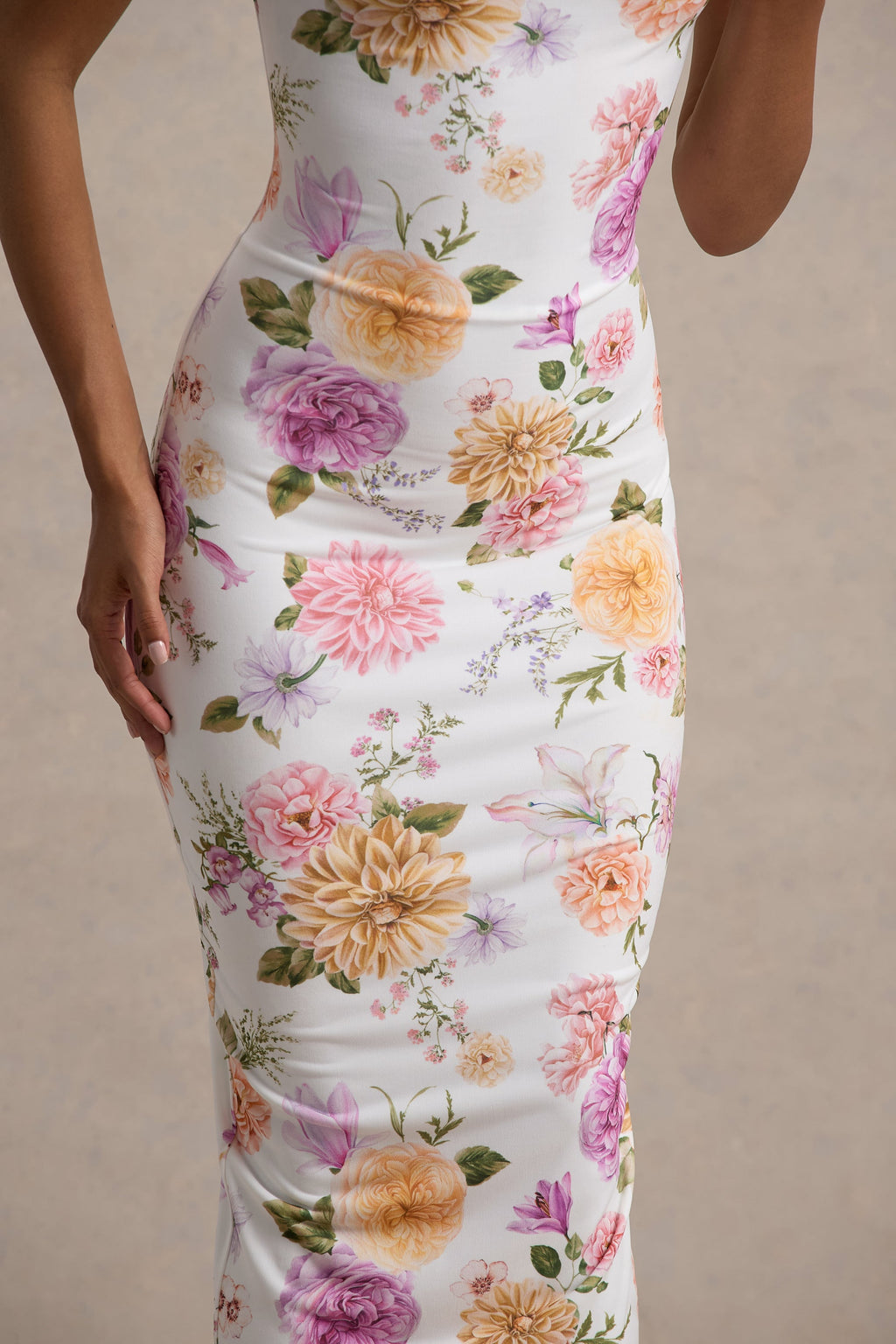 Nora | Peach And Lilac Floral Twisted Asymmetric Midi Dress