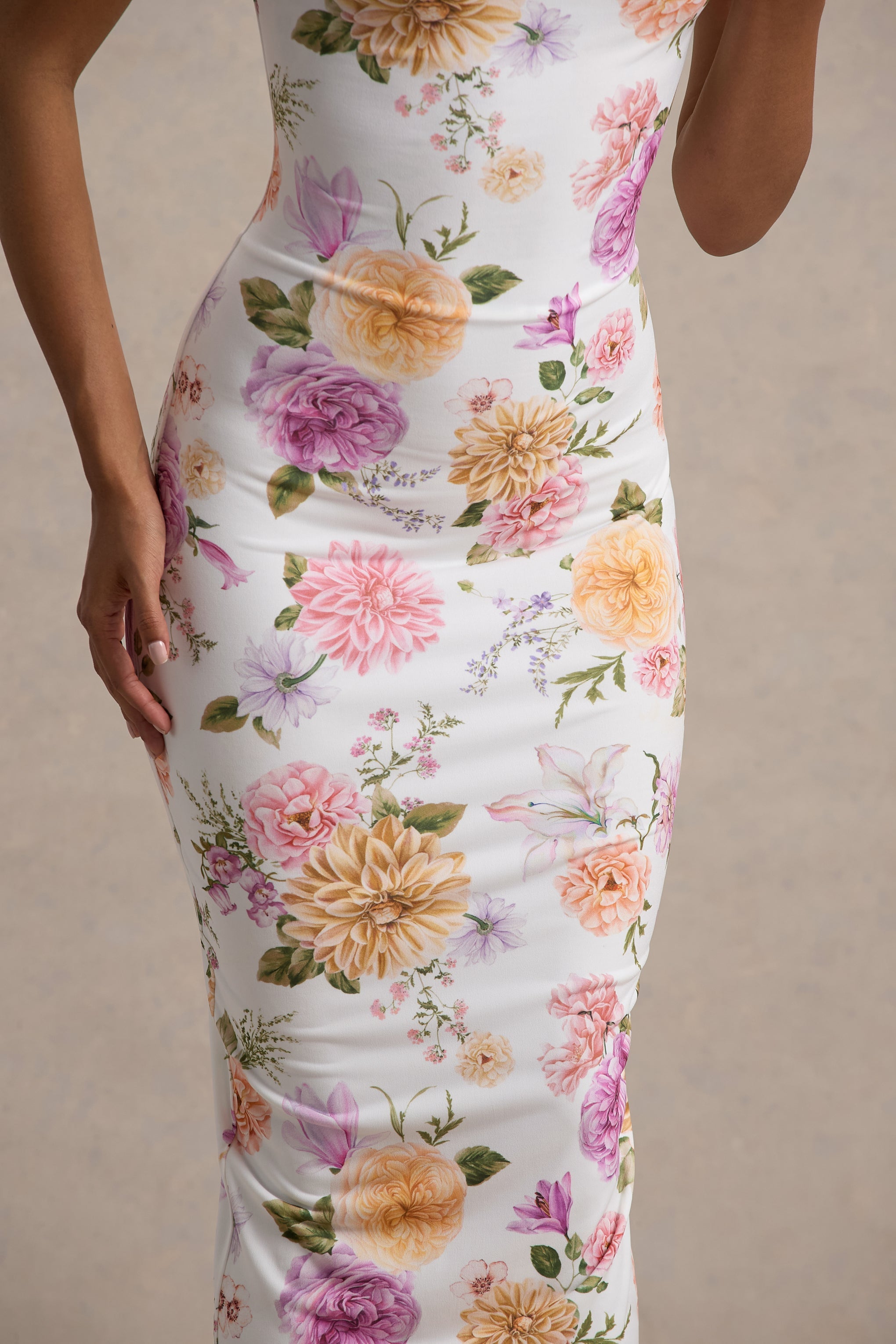 Nora | Peach And Lilac Floral Twisted Asymmetric Midi Dress