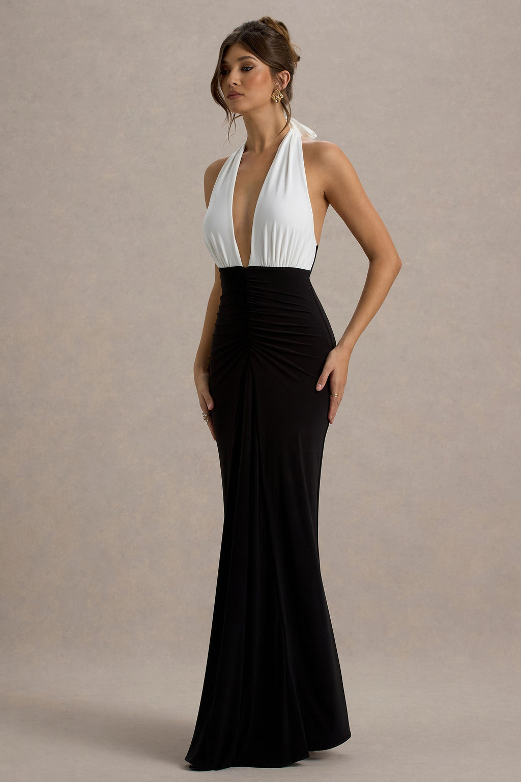 Payton | Black & White Ruched Halter-Neck Maxi Dress