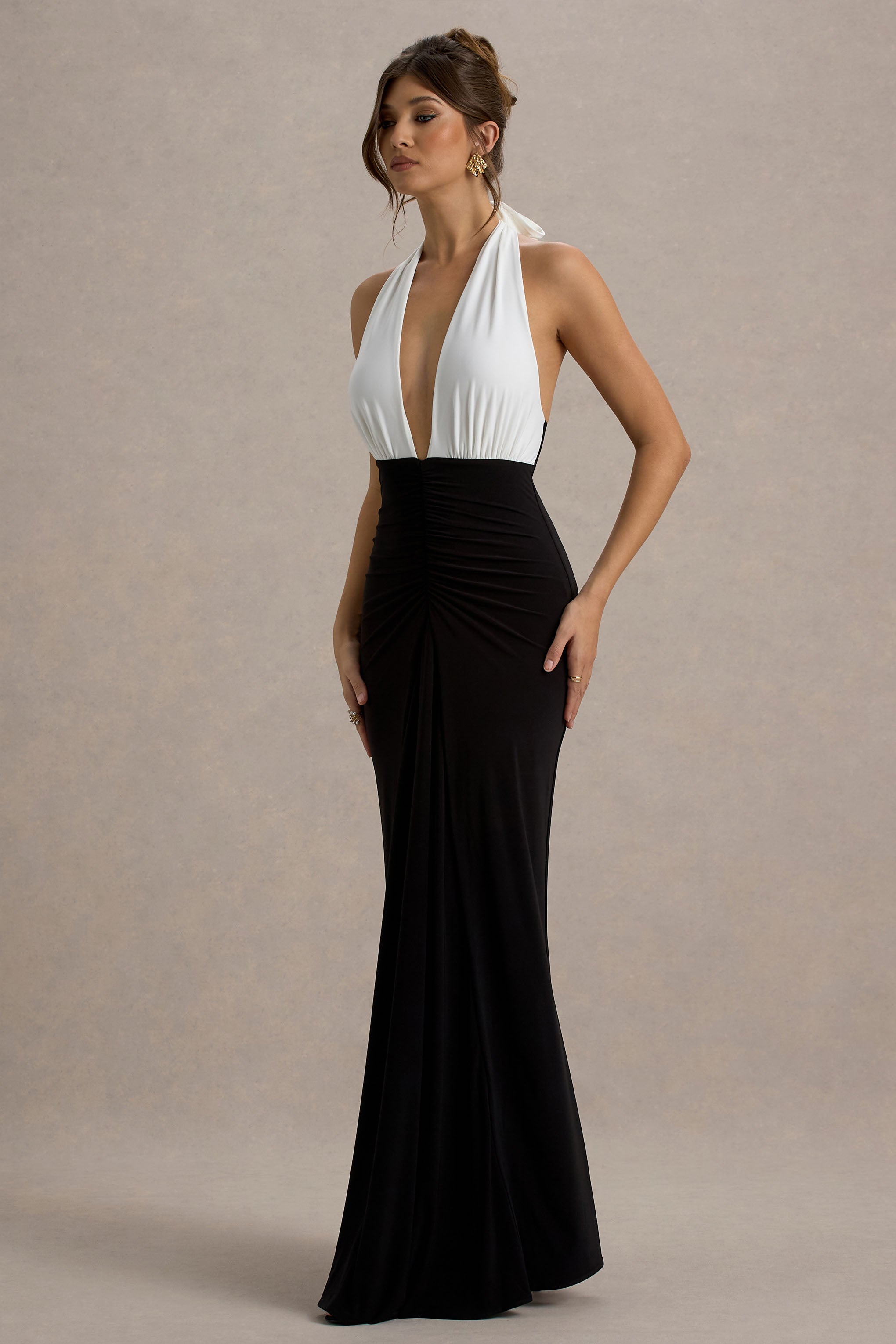 Payton | Black & White Ruched Halter-Neck Maxi Dress