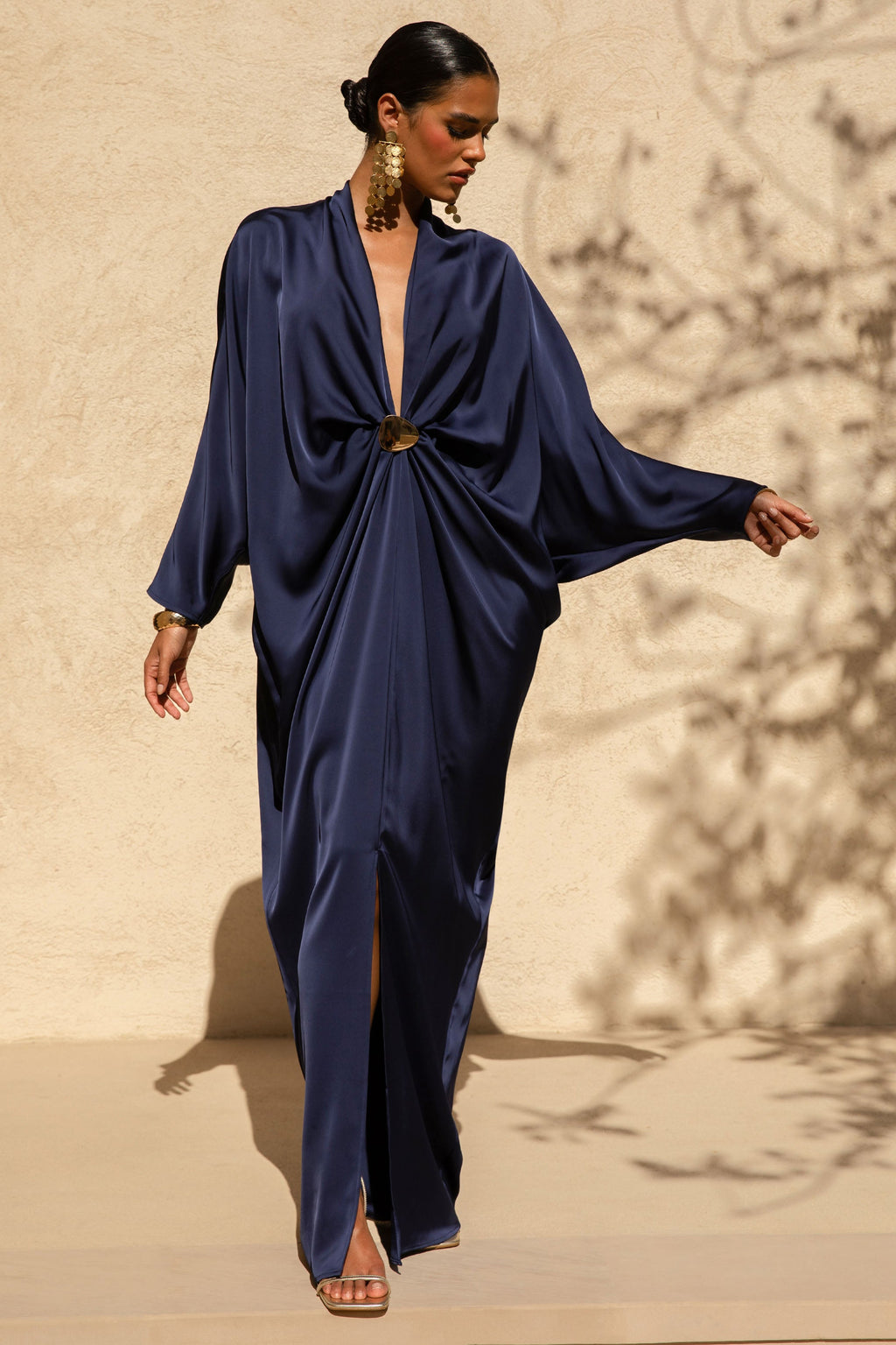 Tina | Navy Satin Plunge-Neck Embellished Maxi Dress