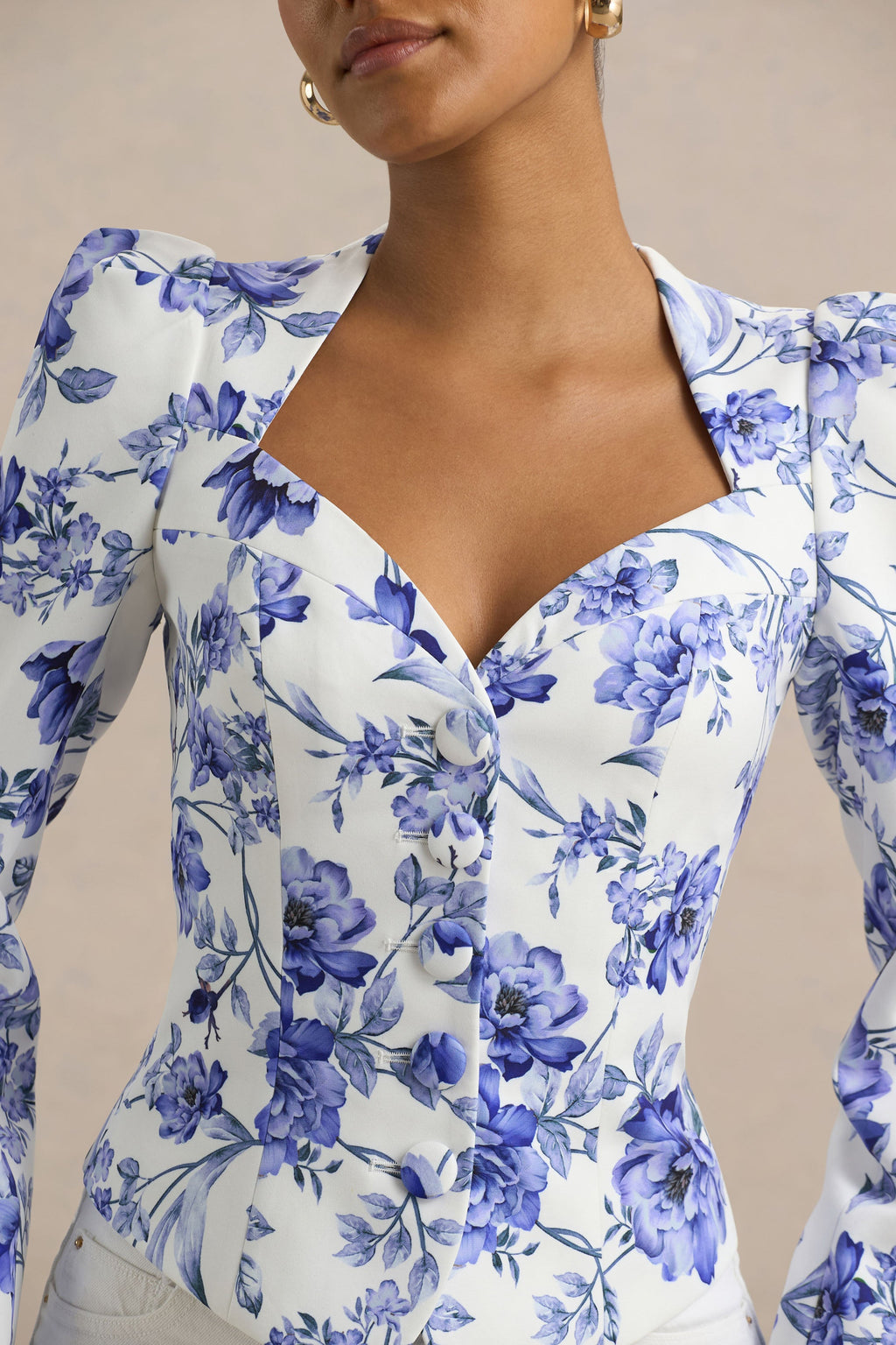 Olympia | Blue Floral Print Sweetheart-Neck Tailored Top