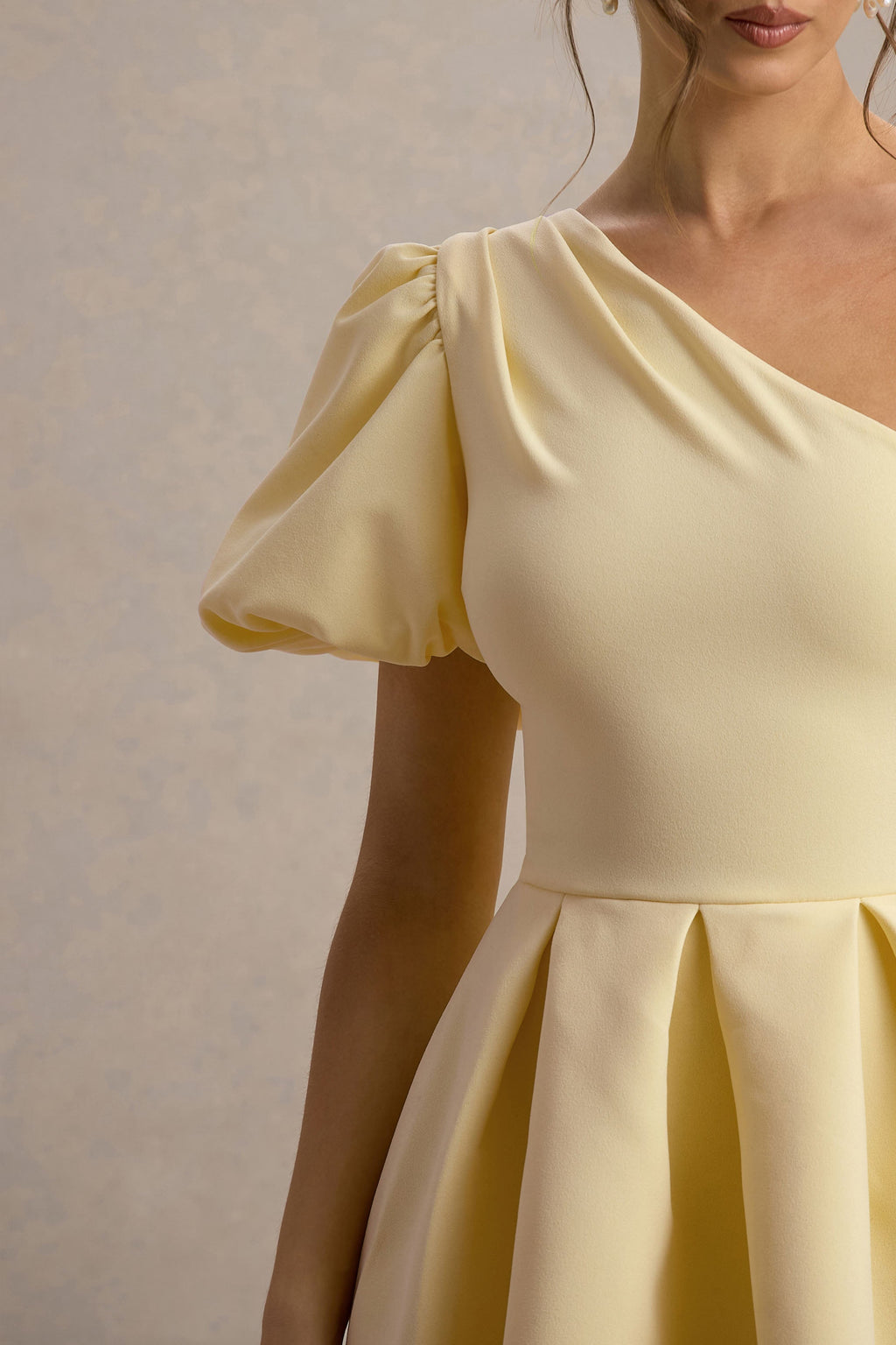 Rochelle | Pale Lemon Asymmetric Puff-Sleeve Midi Dress