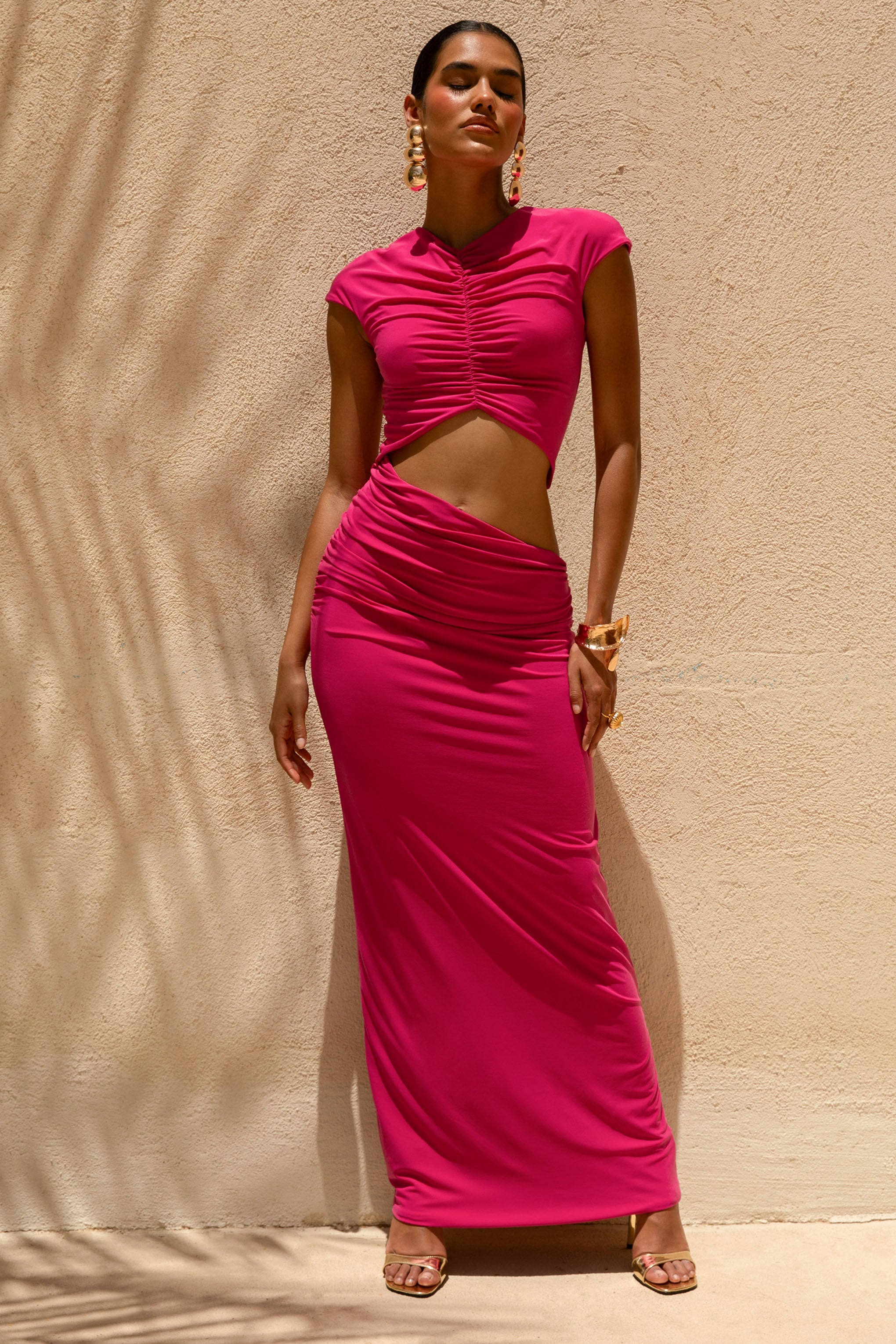 Pia | Hot Pink Short-Sleeve Maxi Dress With Cut-Out