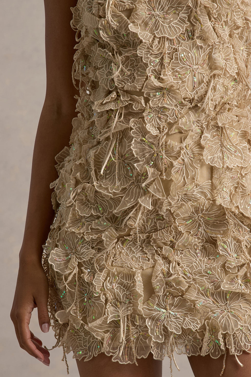 Kamara | Nude Sequin Floral Halter-Neck Mini Dress