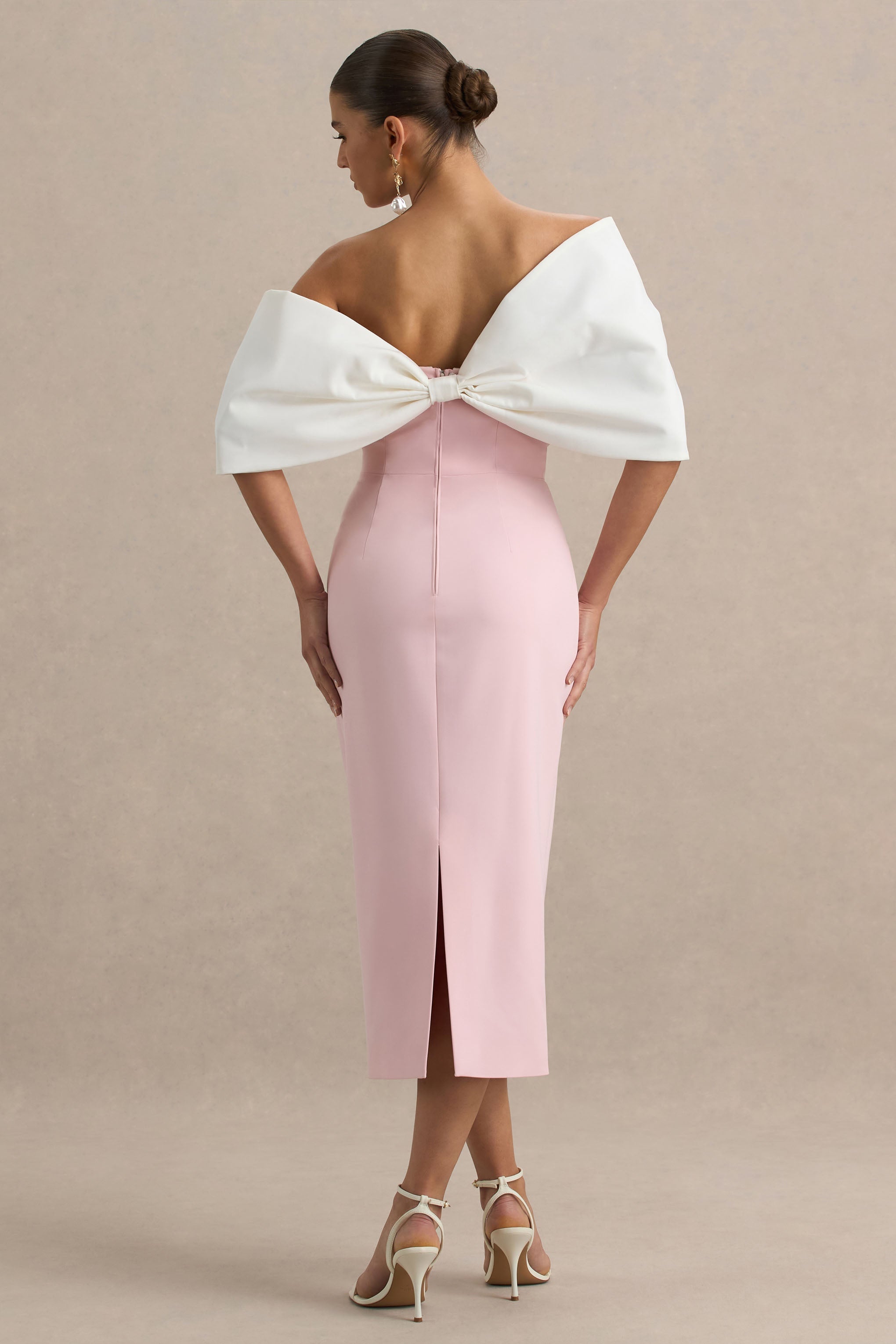 Lucille | Rose Pink & White Asymmetric Bardot Midi Dress