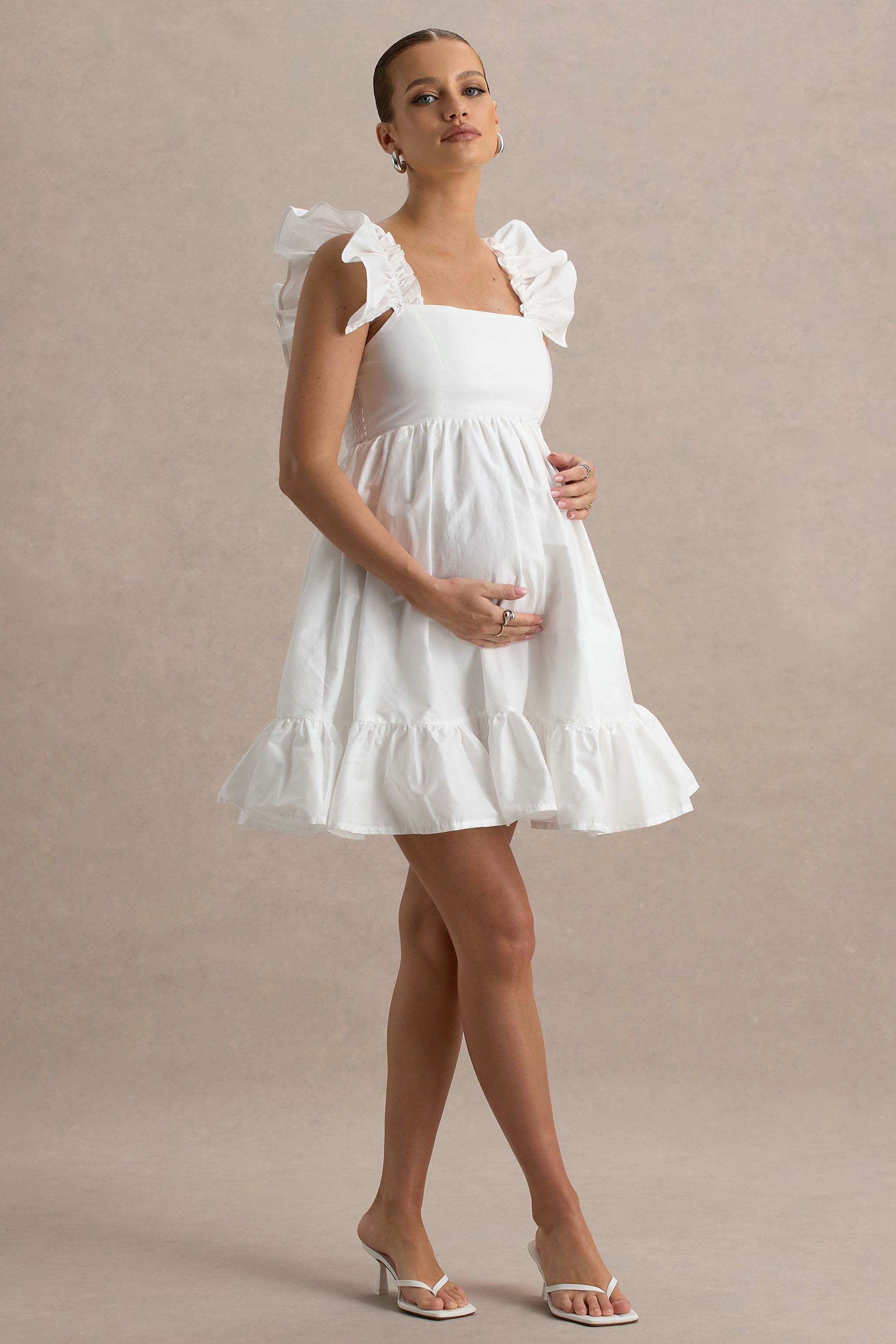 Dolly Daze | White Ruffle Sleeve Babydoll Maternity Mini Dress