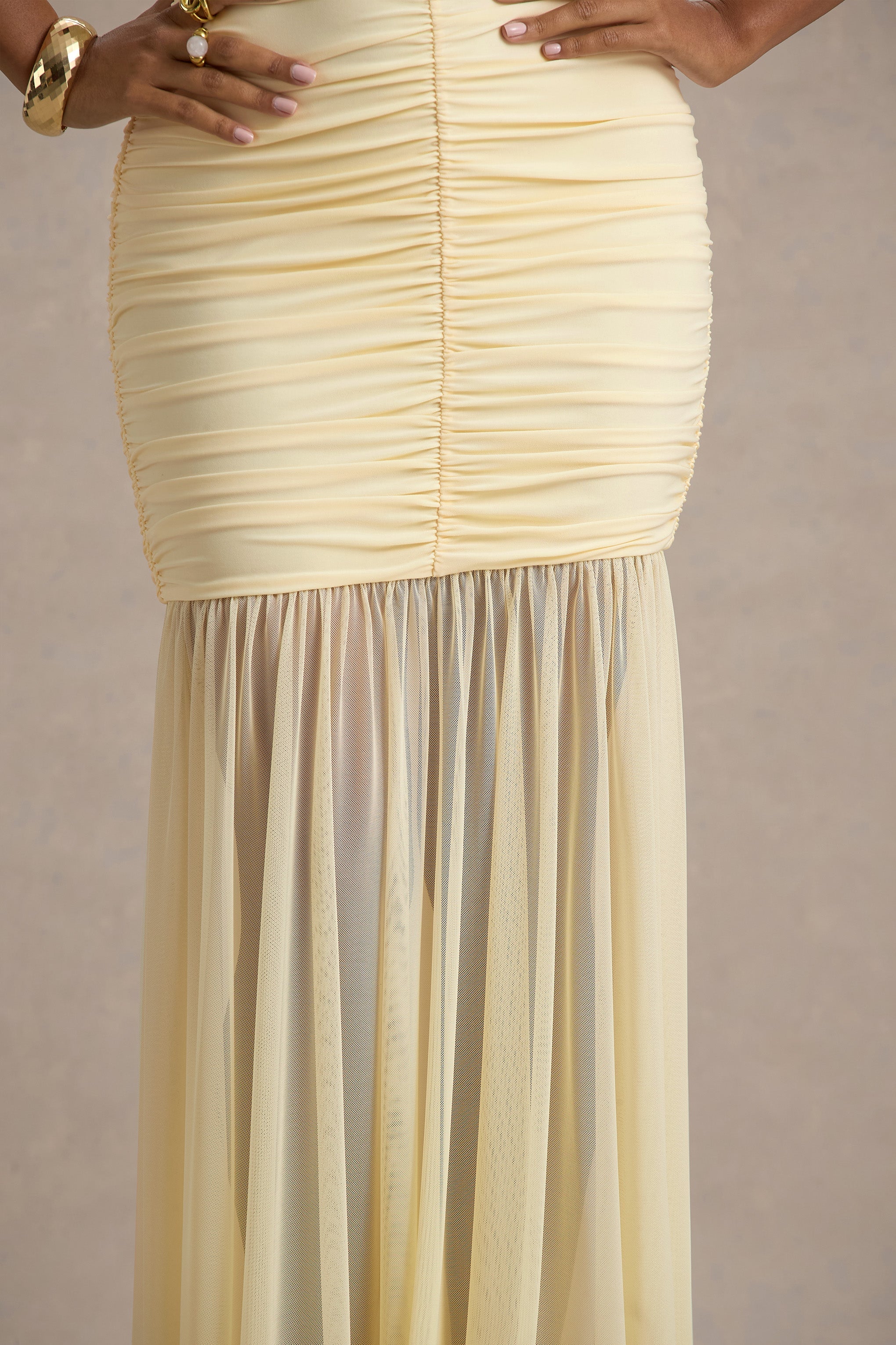 Pasqualina | Pale Lemon Ruched Plunge-Neck Maxi Dress
