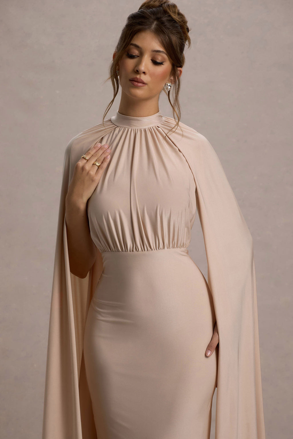 Darielle | Champagne High-Neck Cape-Sleeve Maxi Dress