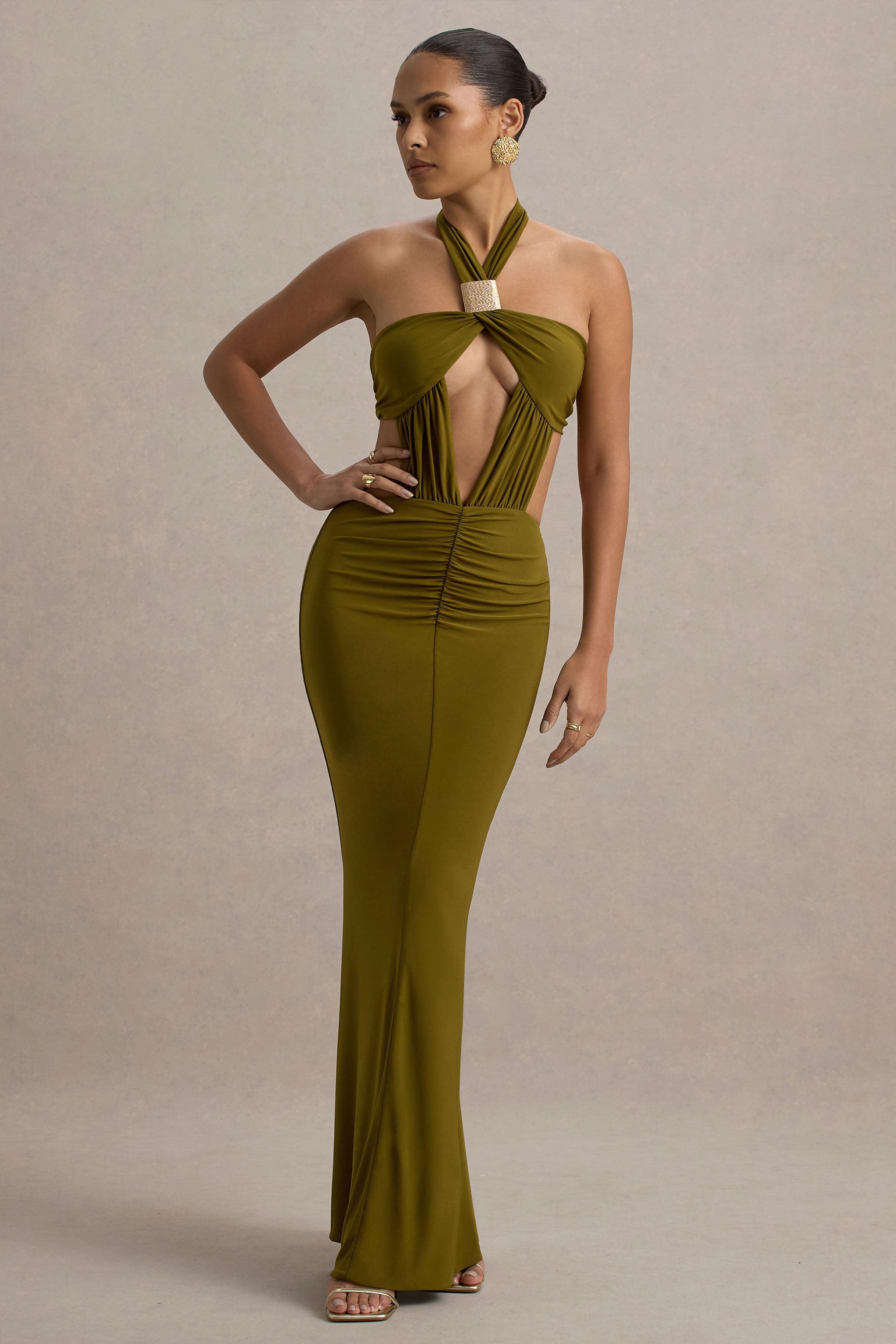 Giuseppa | Green Halter-Neck Cut-Out Maxi Dress