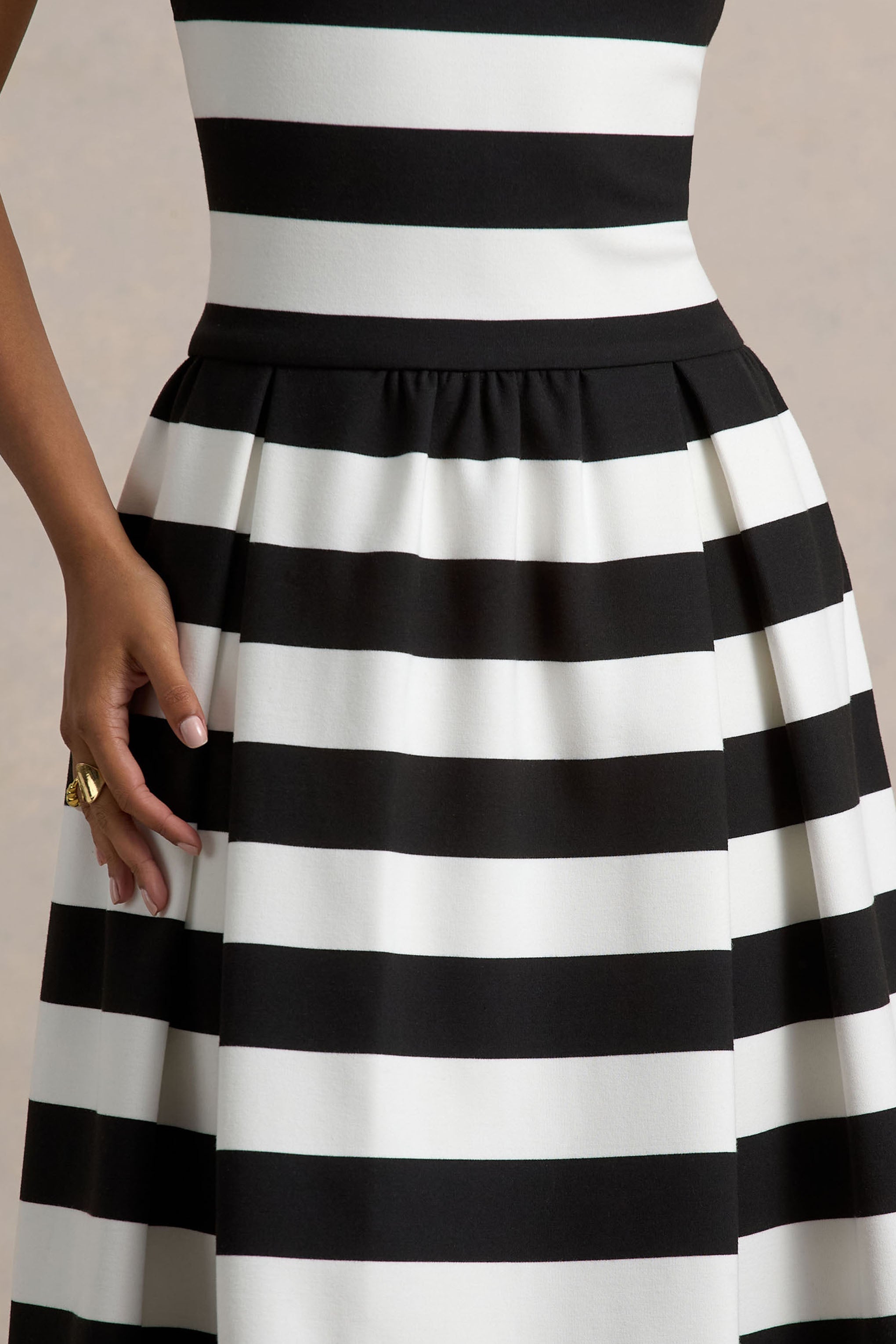 Monte Carlo | Black & White Striped Square-Neck Drop-Waist Midi Dress