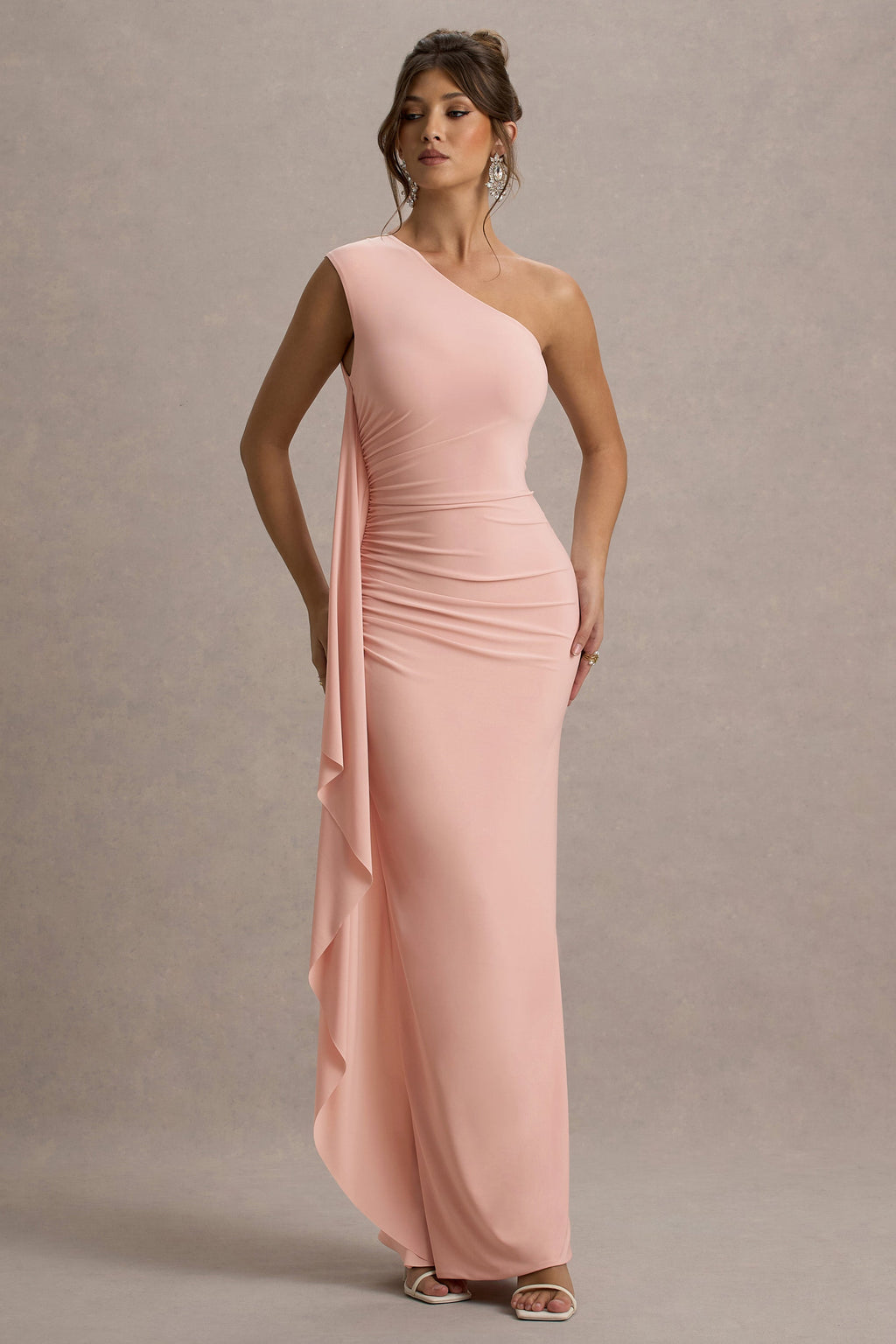 Adelina | Pink One-Shoulder Maxi Dress With Drape