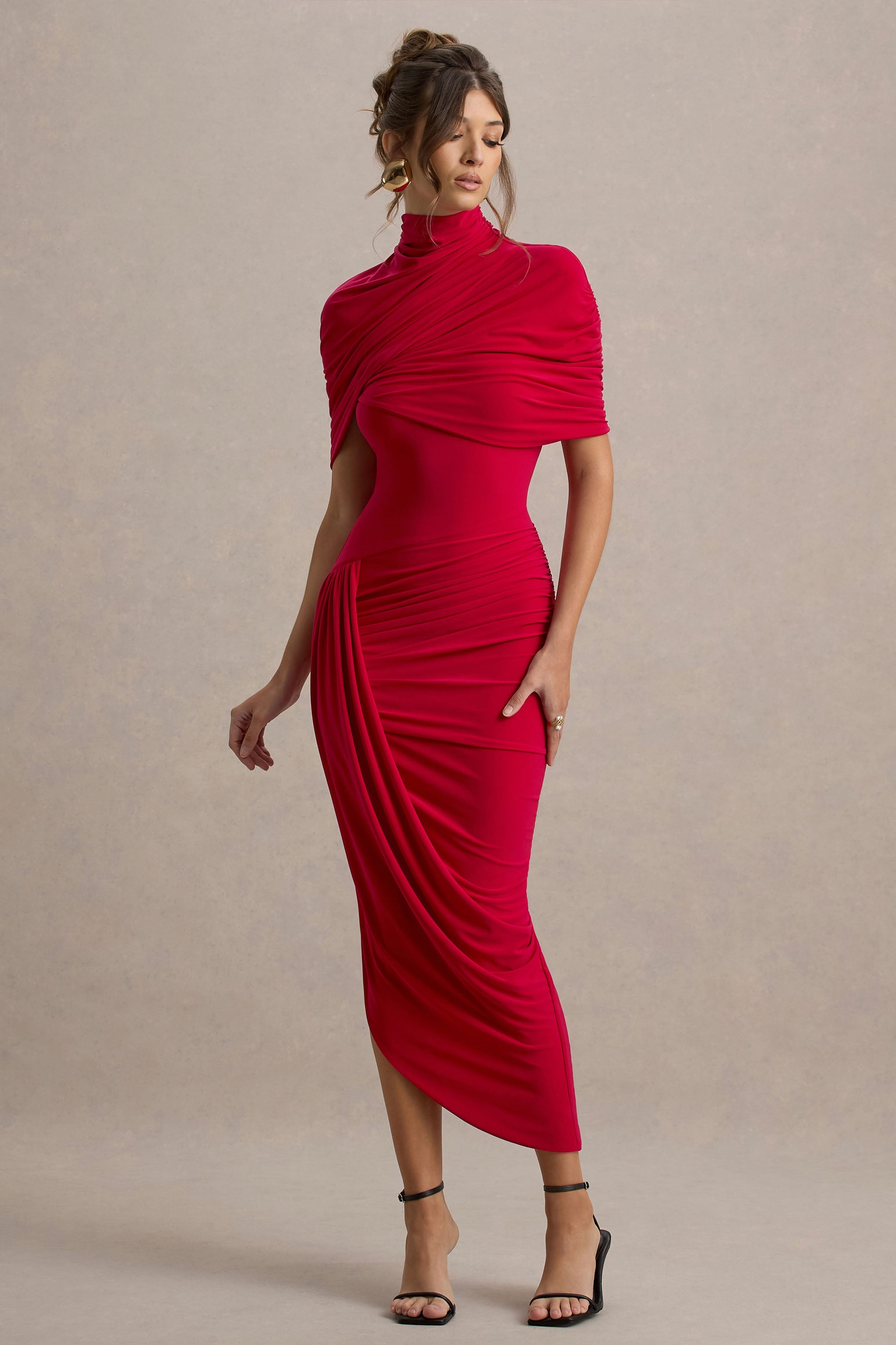 Enchant | Red Asymmetric Twisted Cape Maxi Dress