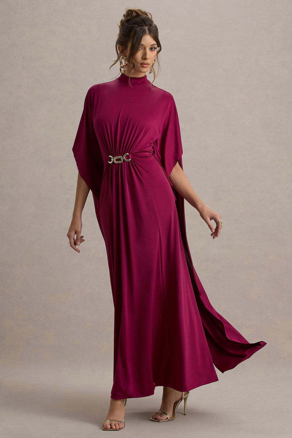 Olessia | Burgundy Belted Gathered Cape-Sleeve Maxi Dress