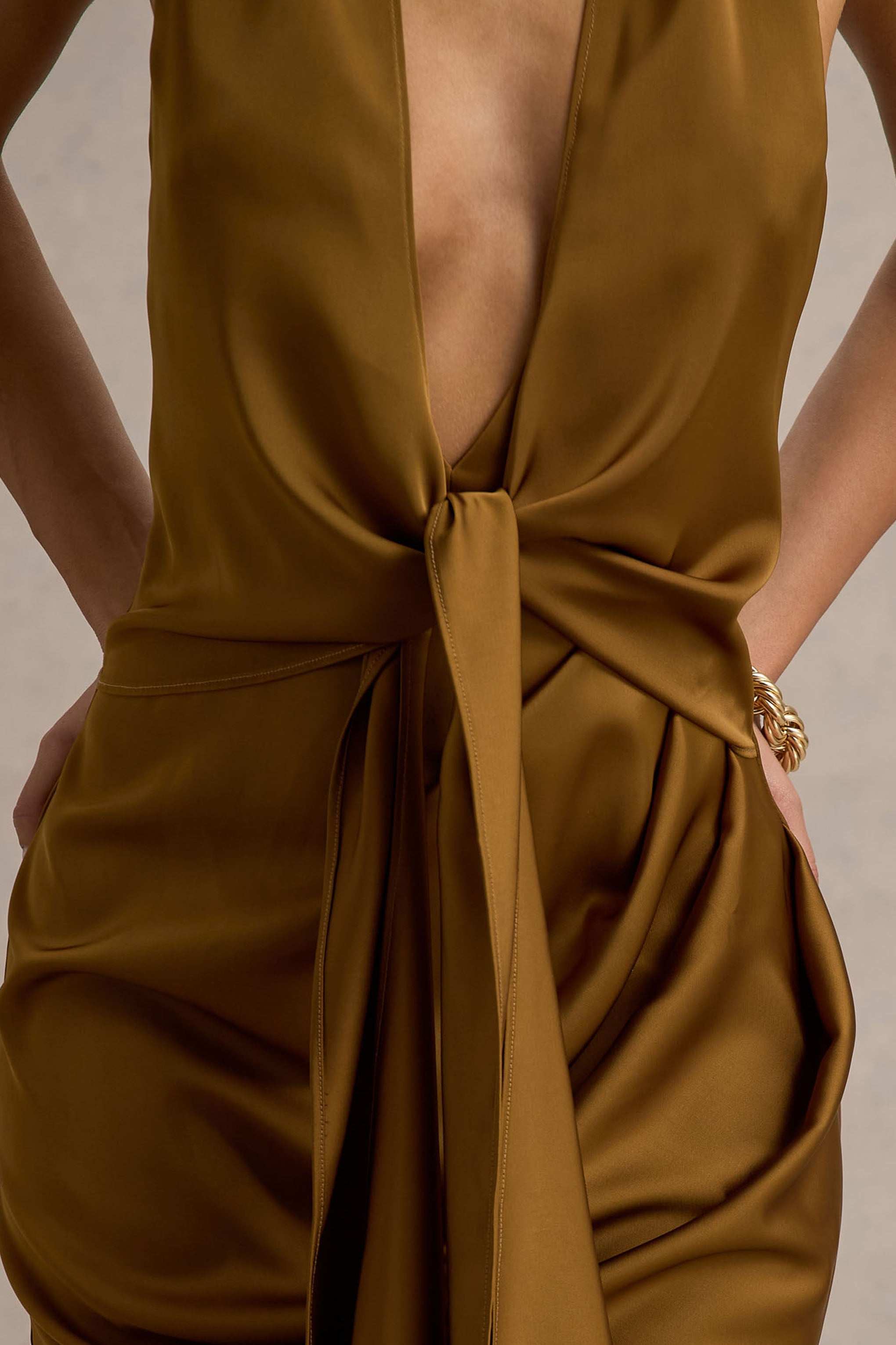 Lynette | Olive Satin Plunge-Neck Asymmetric Maxi Dress