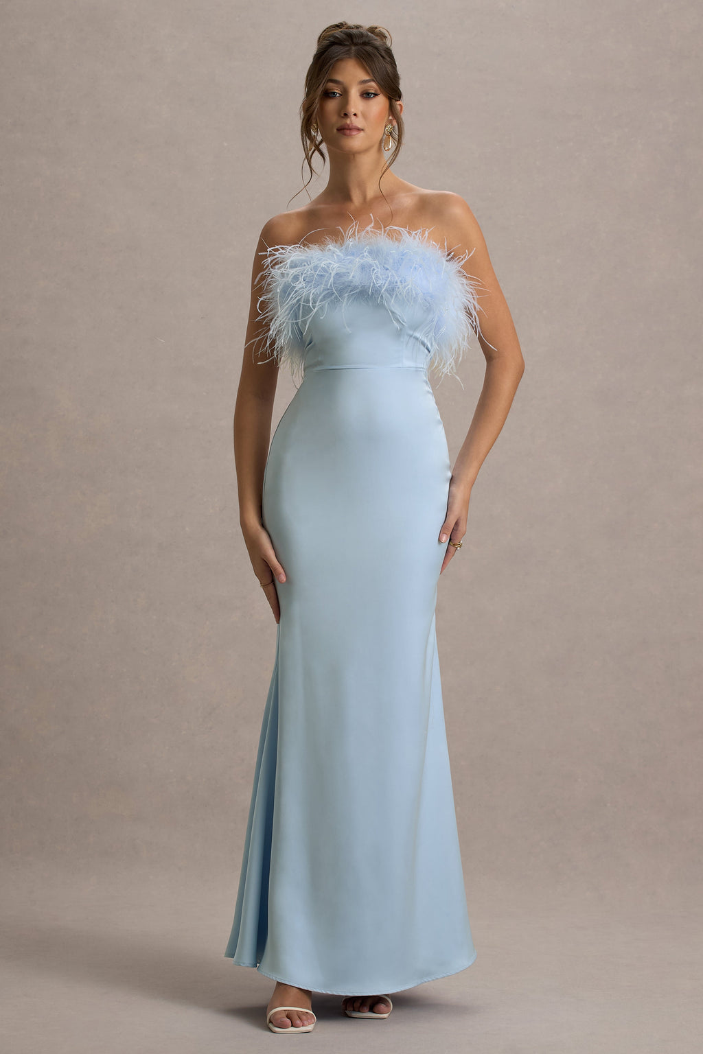 Dress For It | Powder Blue Satin Feather Trim Bandeau Maxi Dress