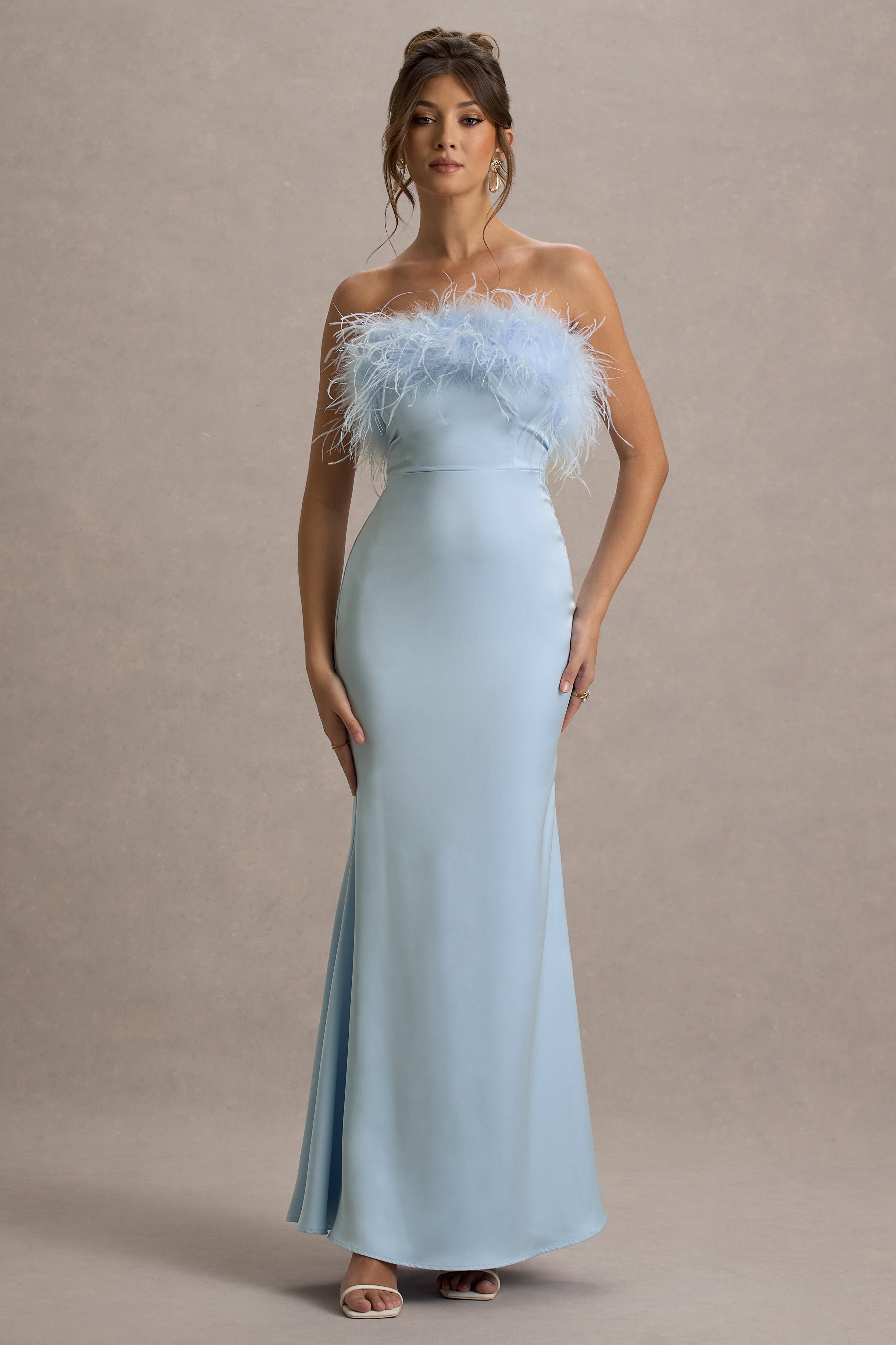 Dress For It | Powder Blue Satin Feather Trim Bandeau Maxi Dress