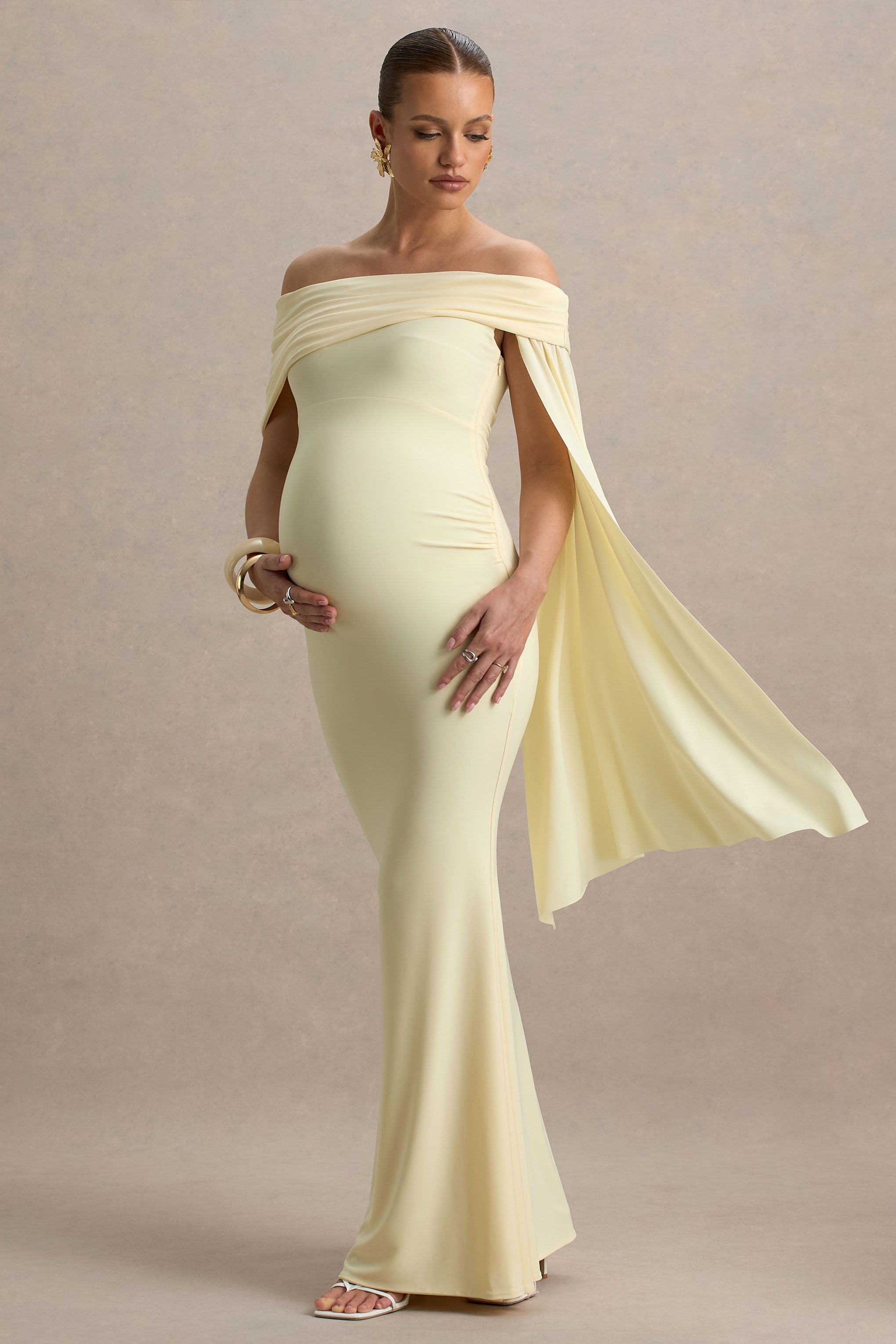 Aquila | Lemon Bardot Maternity Maxi Dress With Drape Sleeve