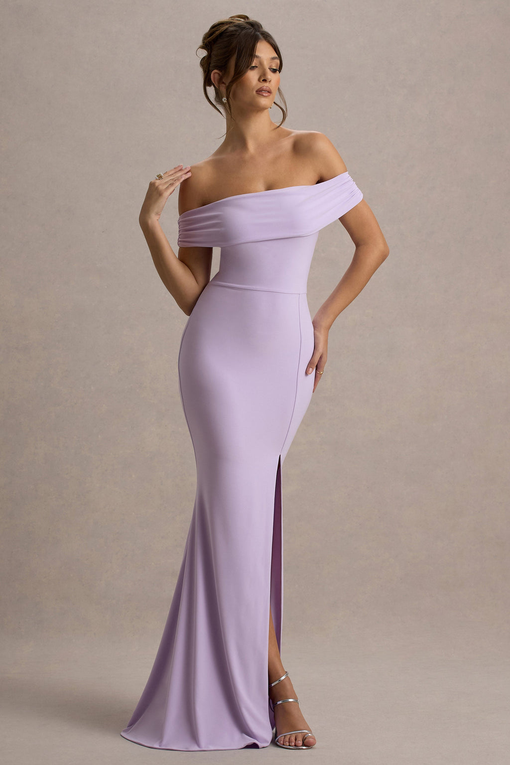 Law of Attraction | Lilac Bardot Draped Split Maxi Dress