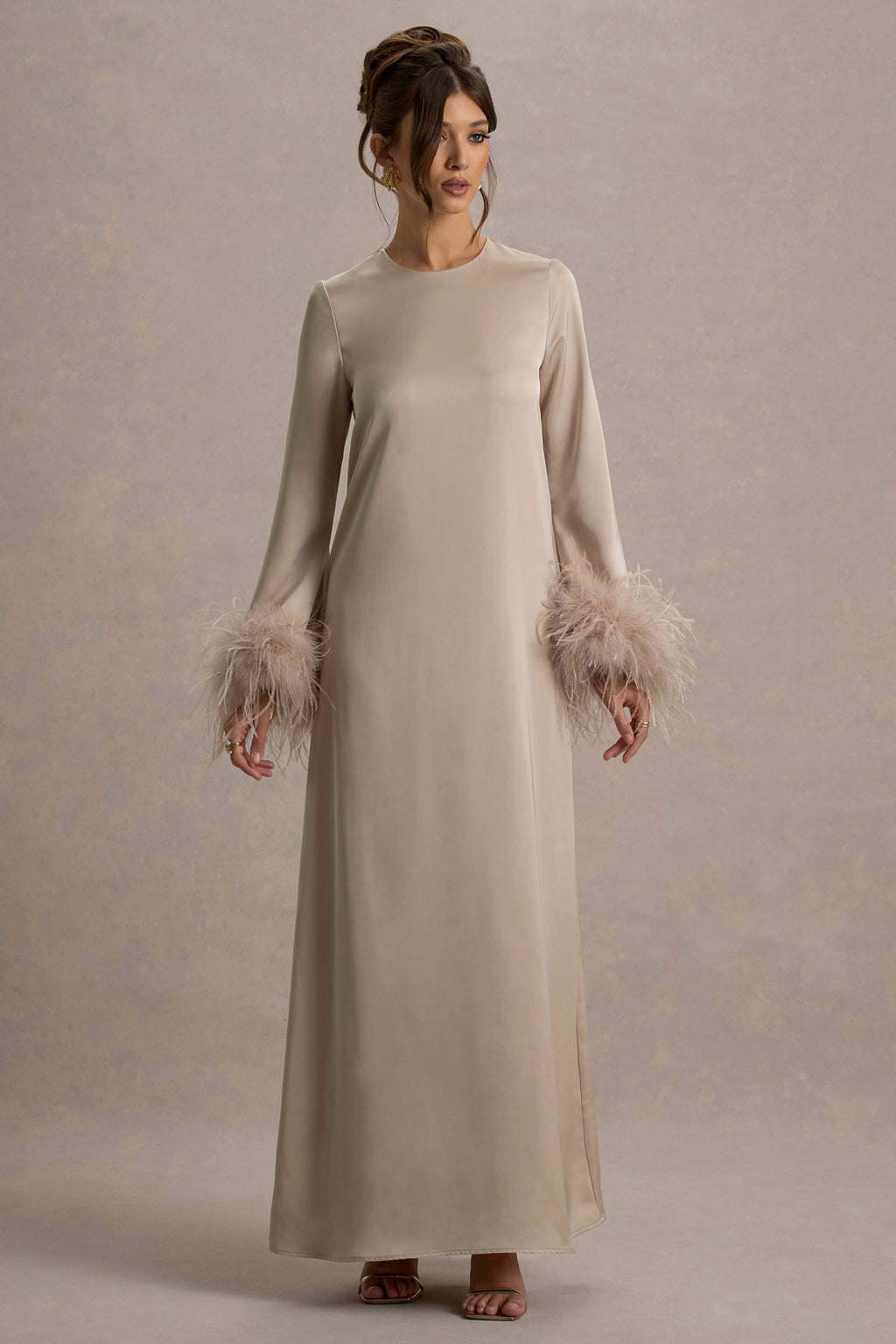 Adella | Champagne Satin Feather-Trim Maxi Dress