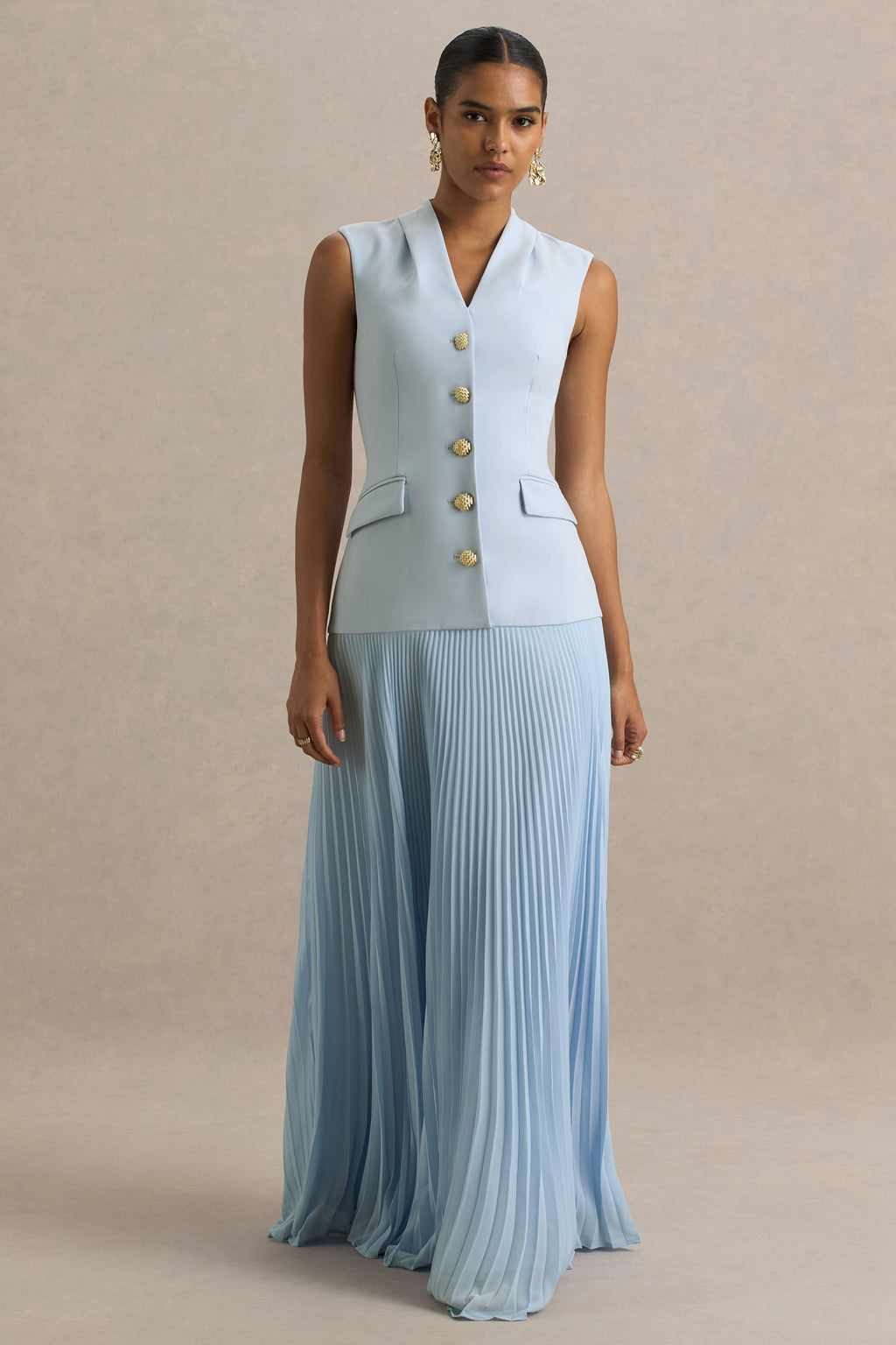 Heavenly | Powder Blue High Neck Maxi Dress With Pleated Detailing