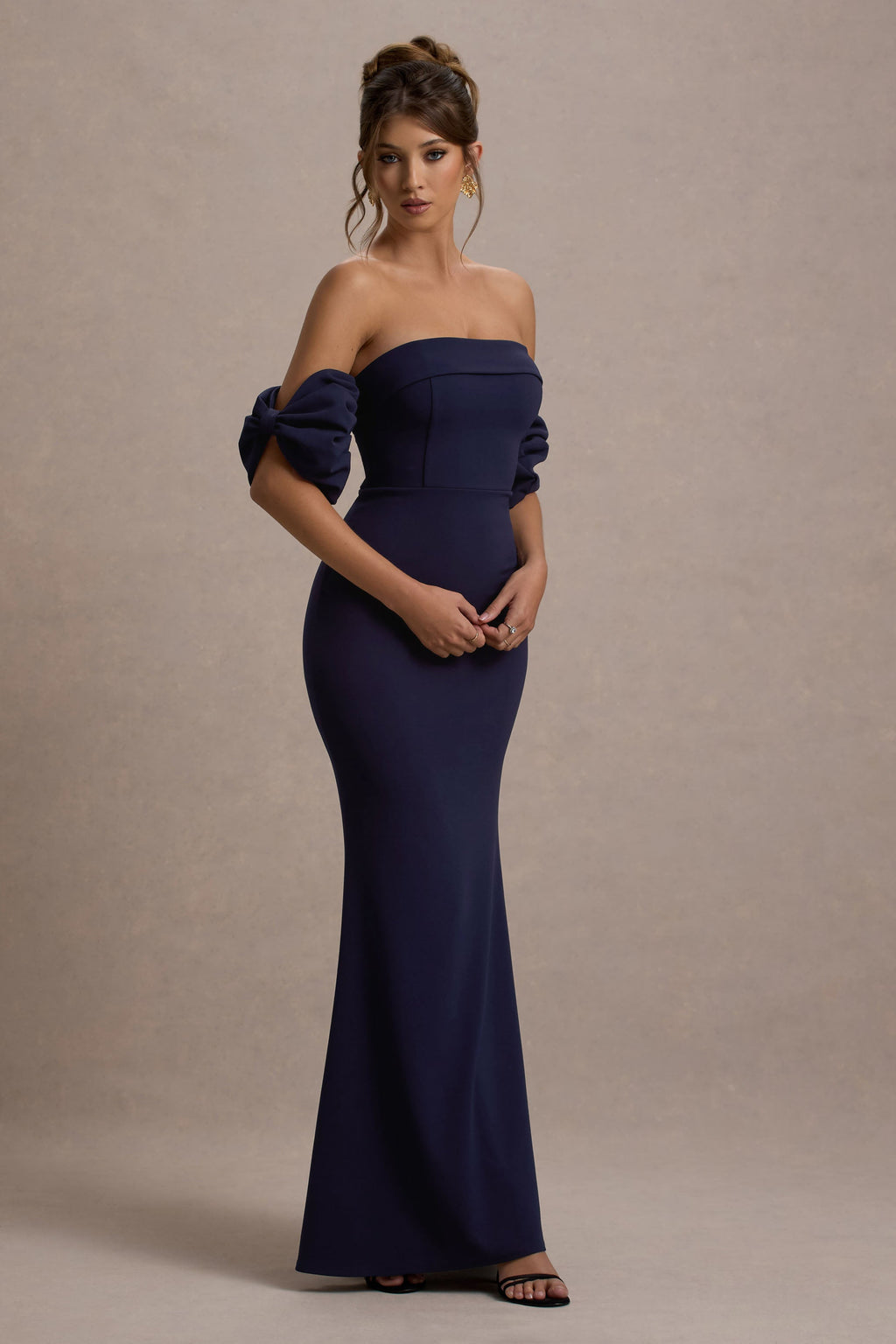 Alaine | Navy Bardot Maxi Dress With Bow Sleeves