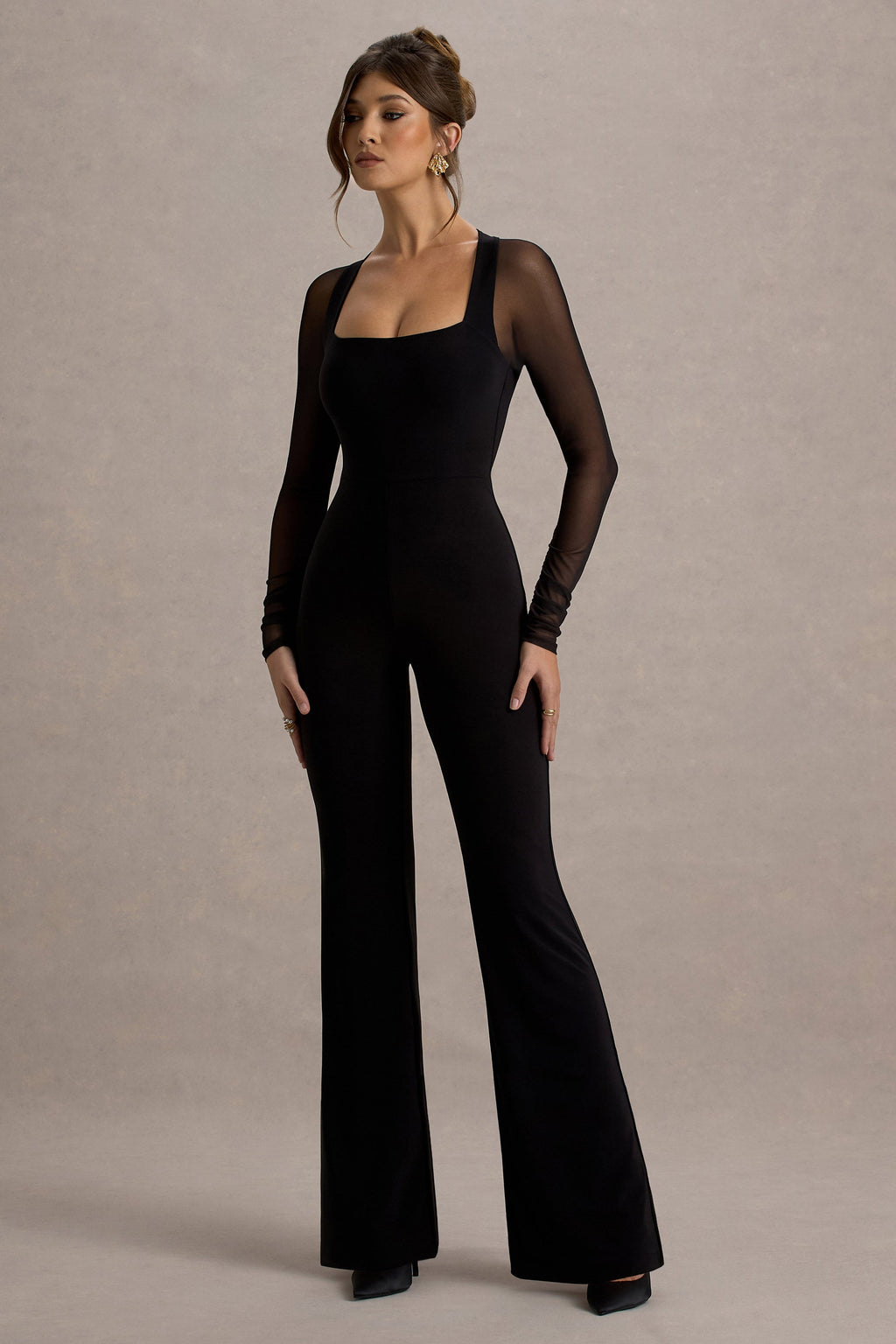 On Track | Black Flared-Leg Jumpsuit With Sheer Sleeves
