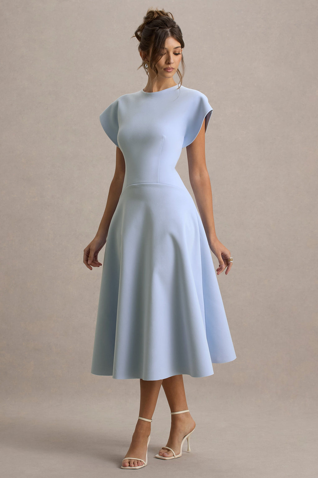 Linda | Powder Blue High-Neck Cap-Sleeve Midi Dress