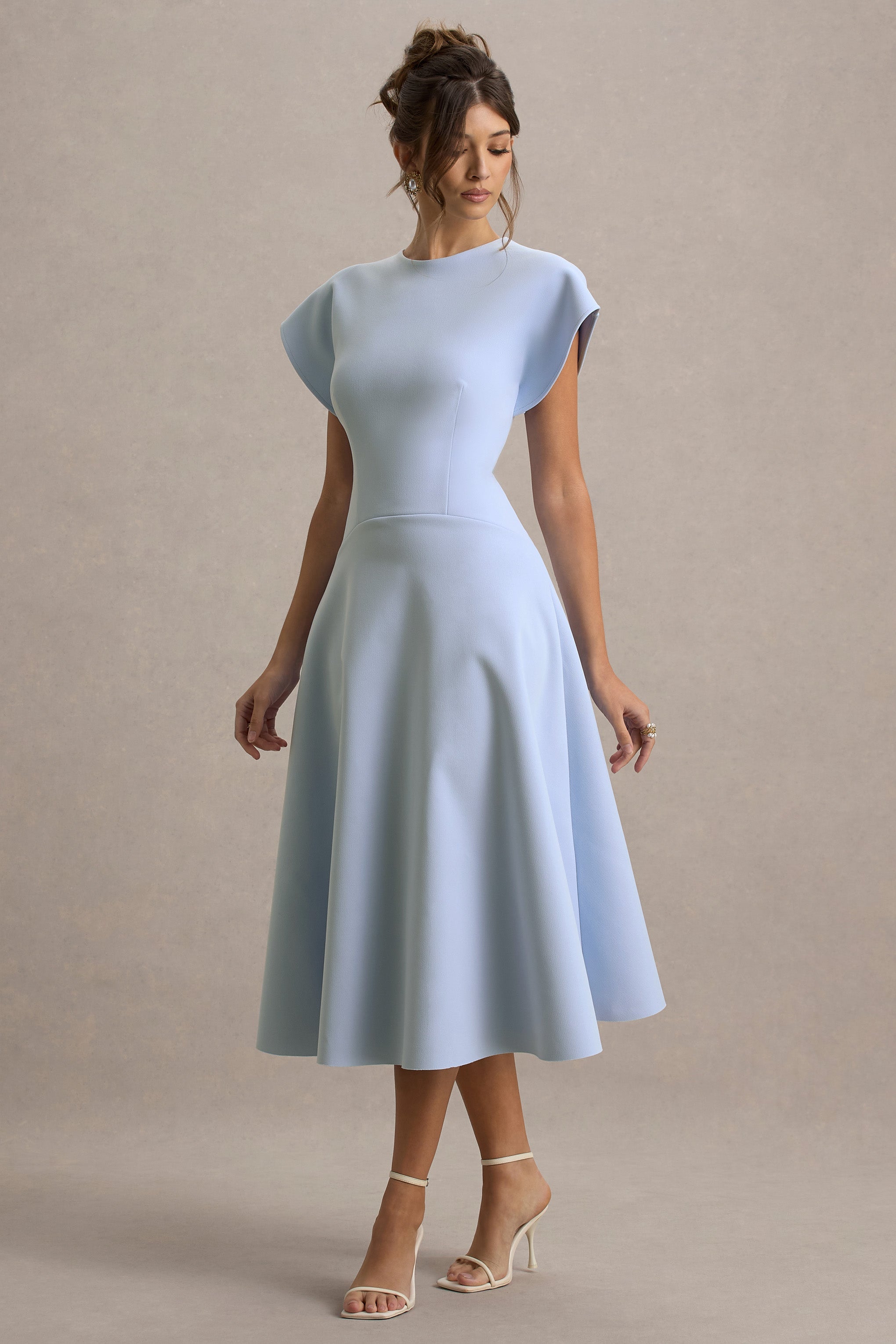 Linda | Powder Blue High-Neck Cap-Sleeve Midi Dress