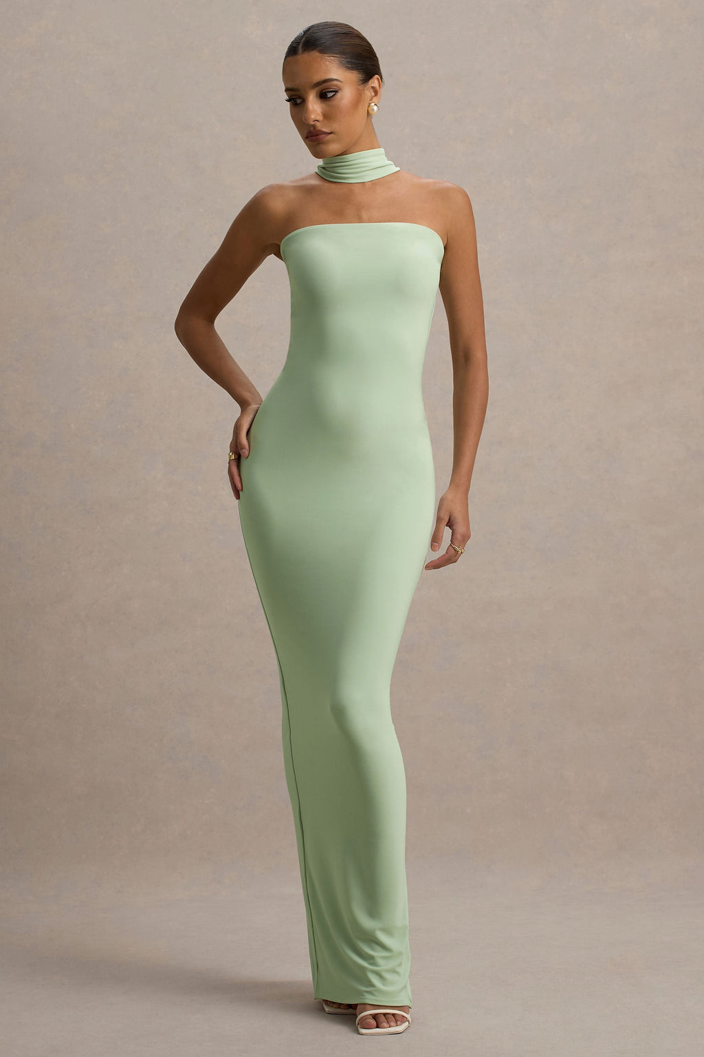 Nobu | Light Green Bandeau Maxi Dress With Halter-Collar