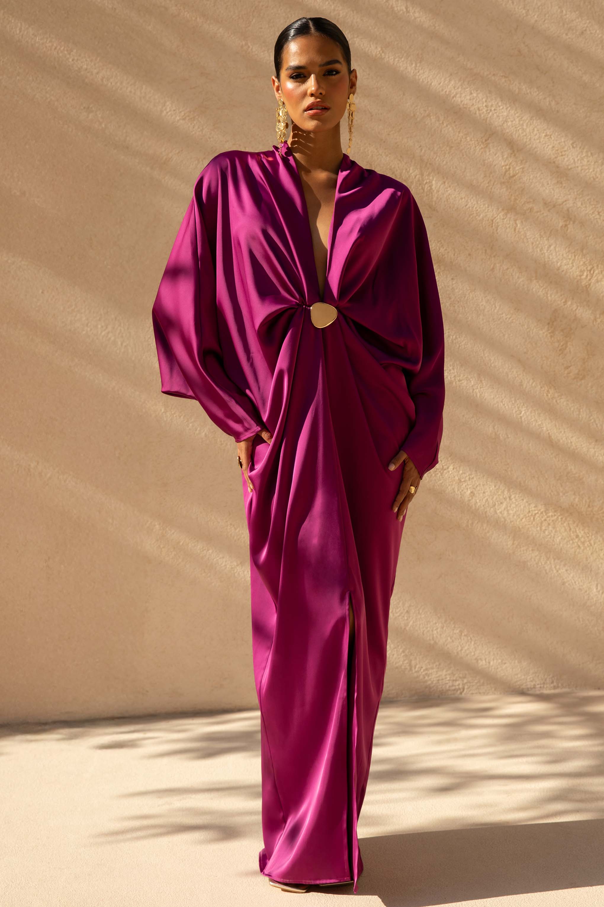 Tina | Pink Satin Plunge-Neck Embellished Maxi Dress