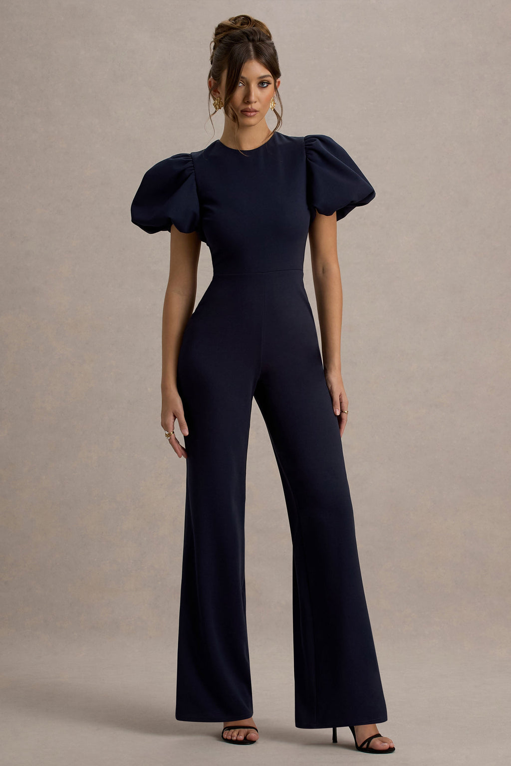 Dillon | Navy Puff-Sleeve Straight-Leg Jumpsuit