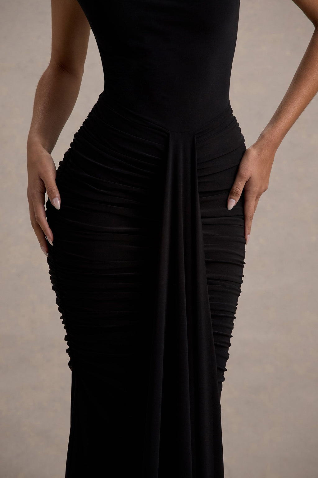 Lorenza | Black High-Neck Ruched Maxi Dress With Draped Skirt
