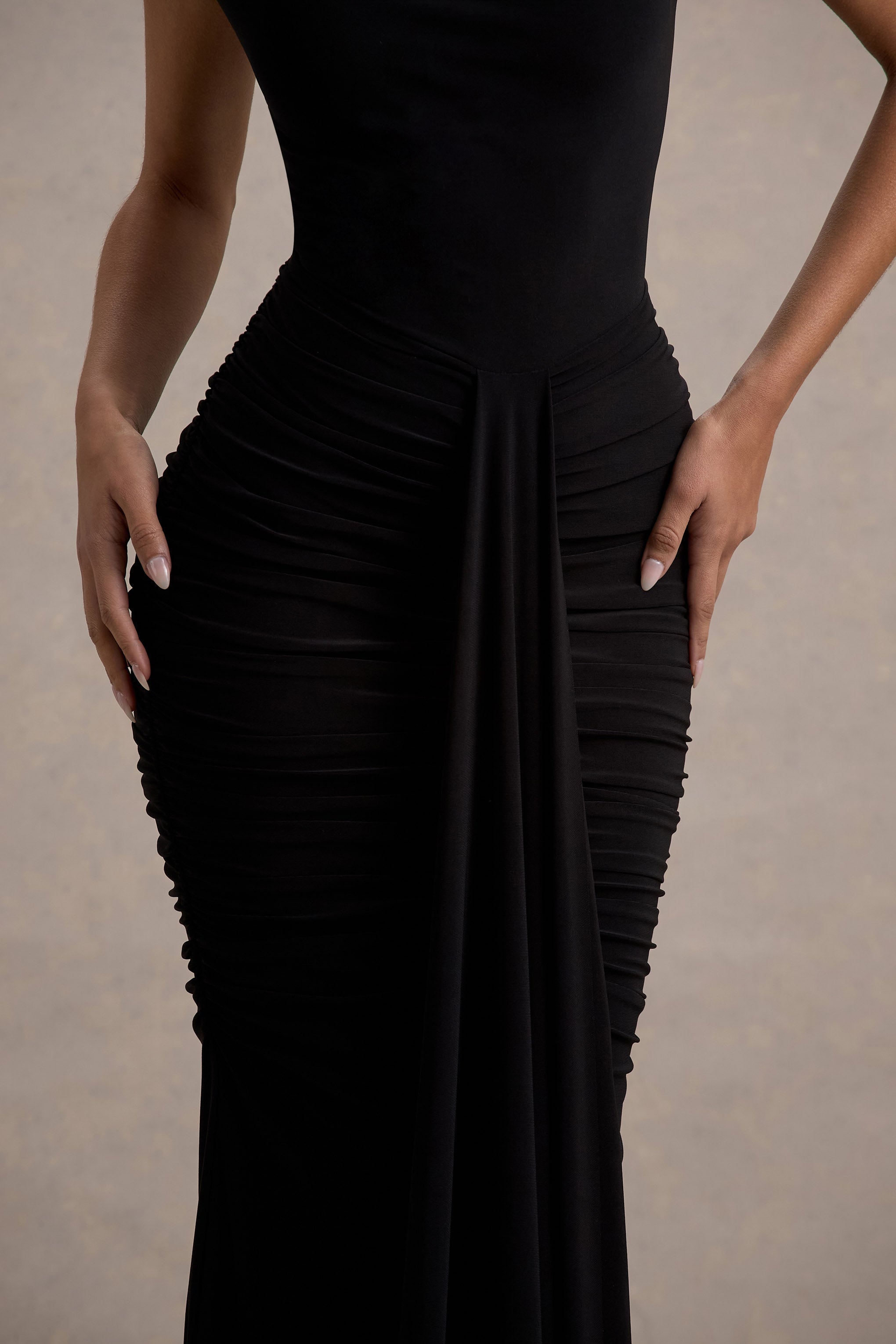 Lorenza | Black High-Neck Ruched Maxi Dress With Draped Skirt