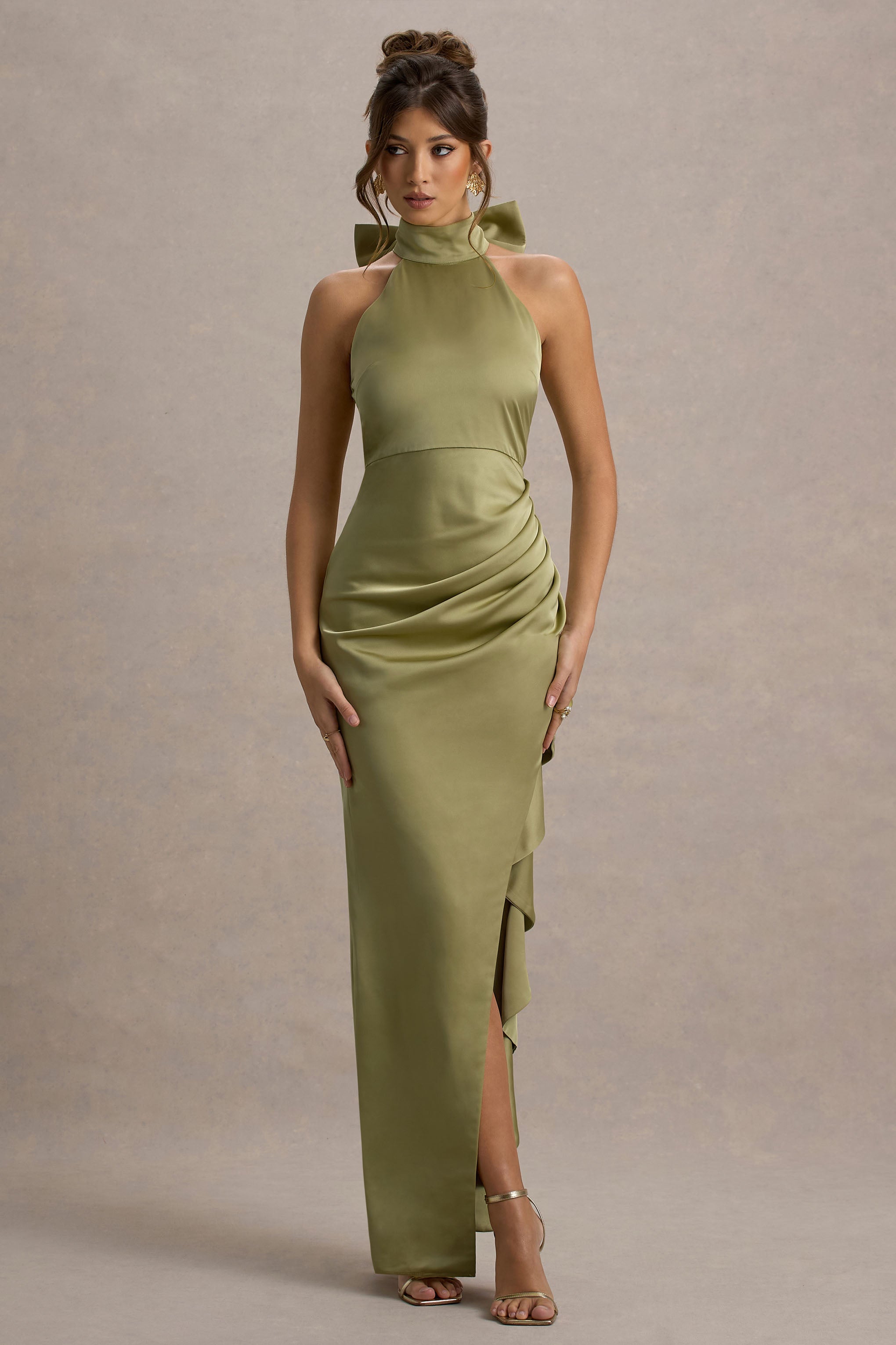 Maureen | Light Green Satin High-Neck Draped Maxi Dress