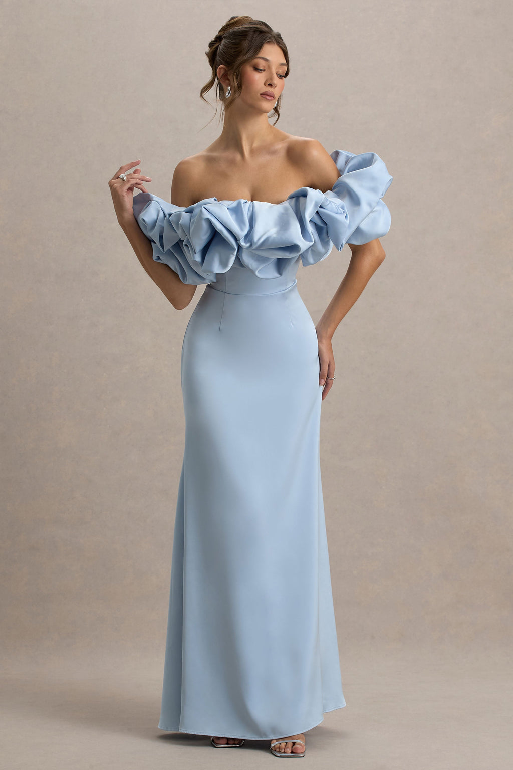 Allie | Powder Blue Puff Bardot Maxi Dress