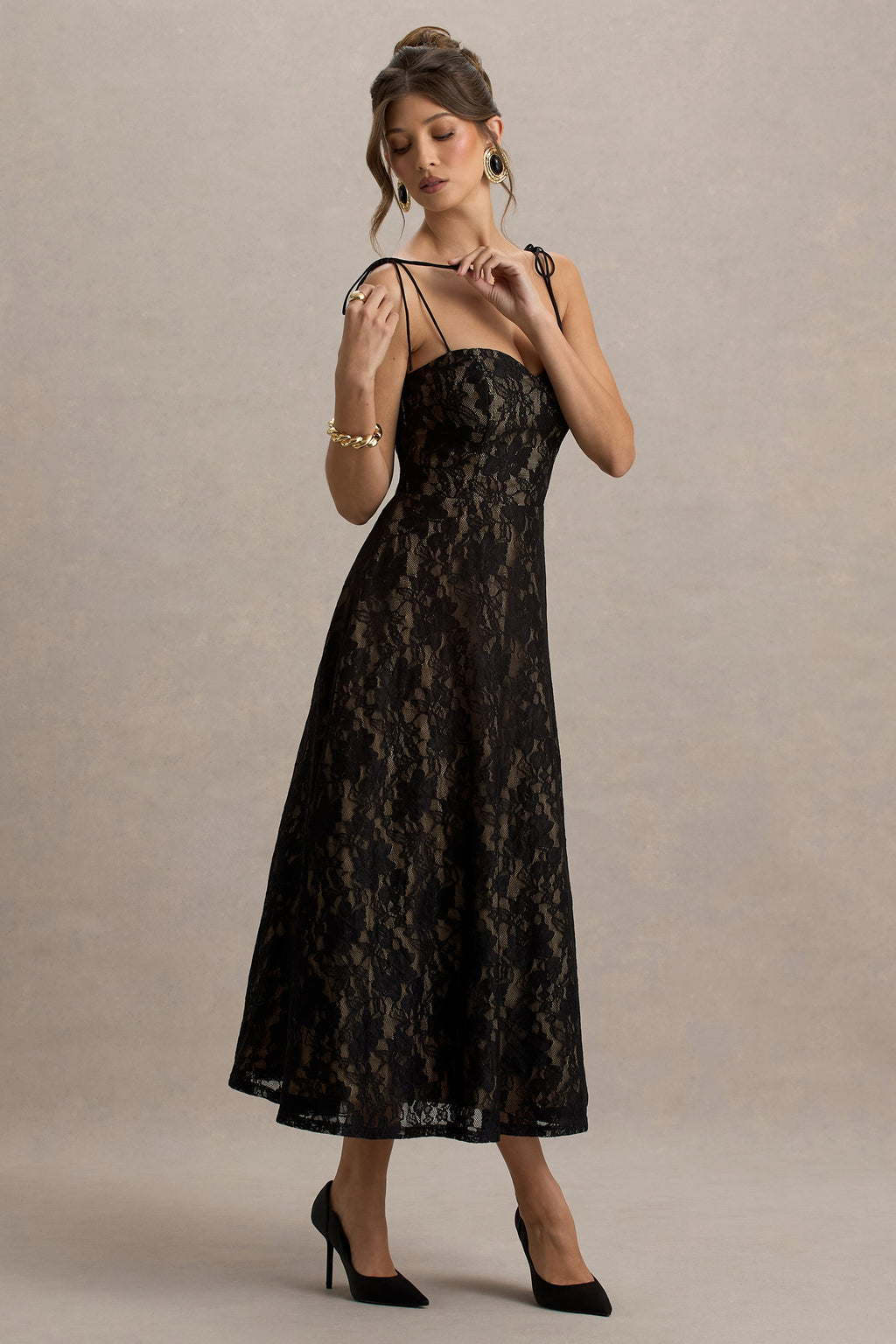 Sheridan | Black Lace Sweetheart Midi Dress With Backless Detail