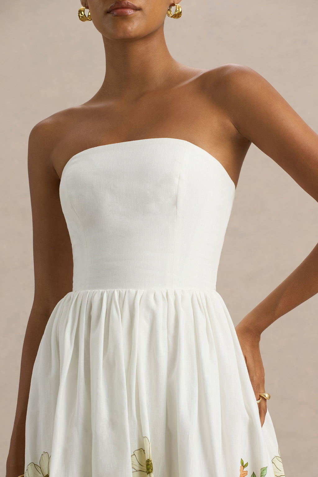 Ivory | Sunflower Print Bandeau High-Low Midi Dress