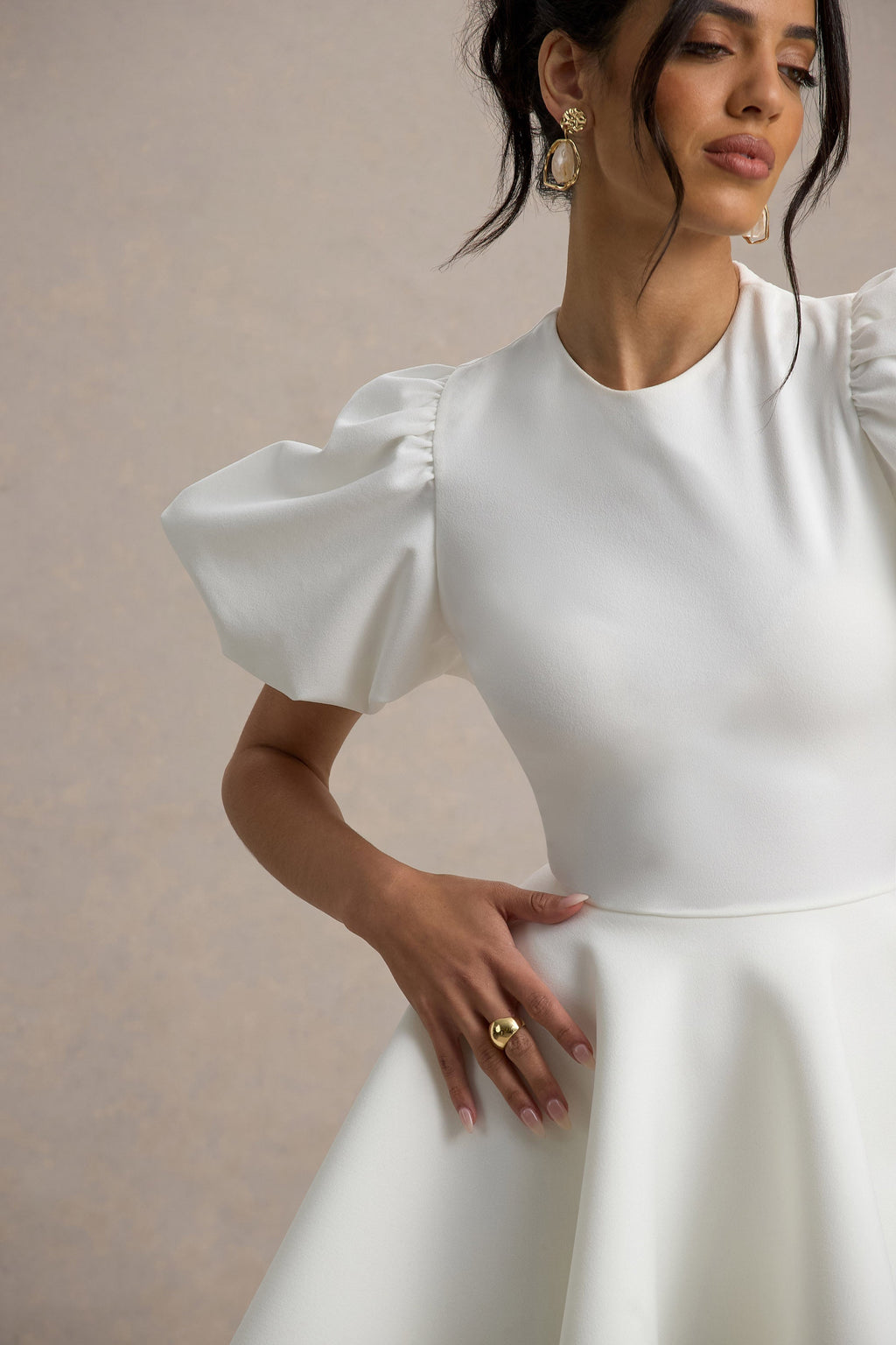 Emelia | White Puff-Sleeve Skater Dress