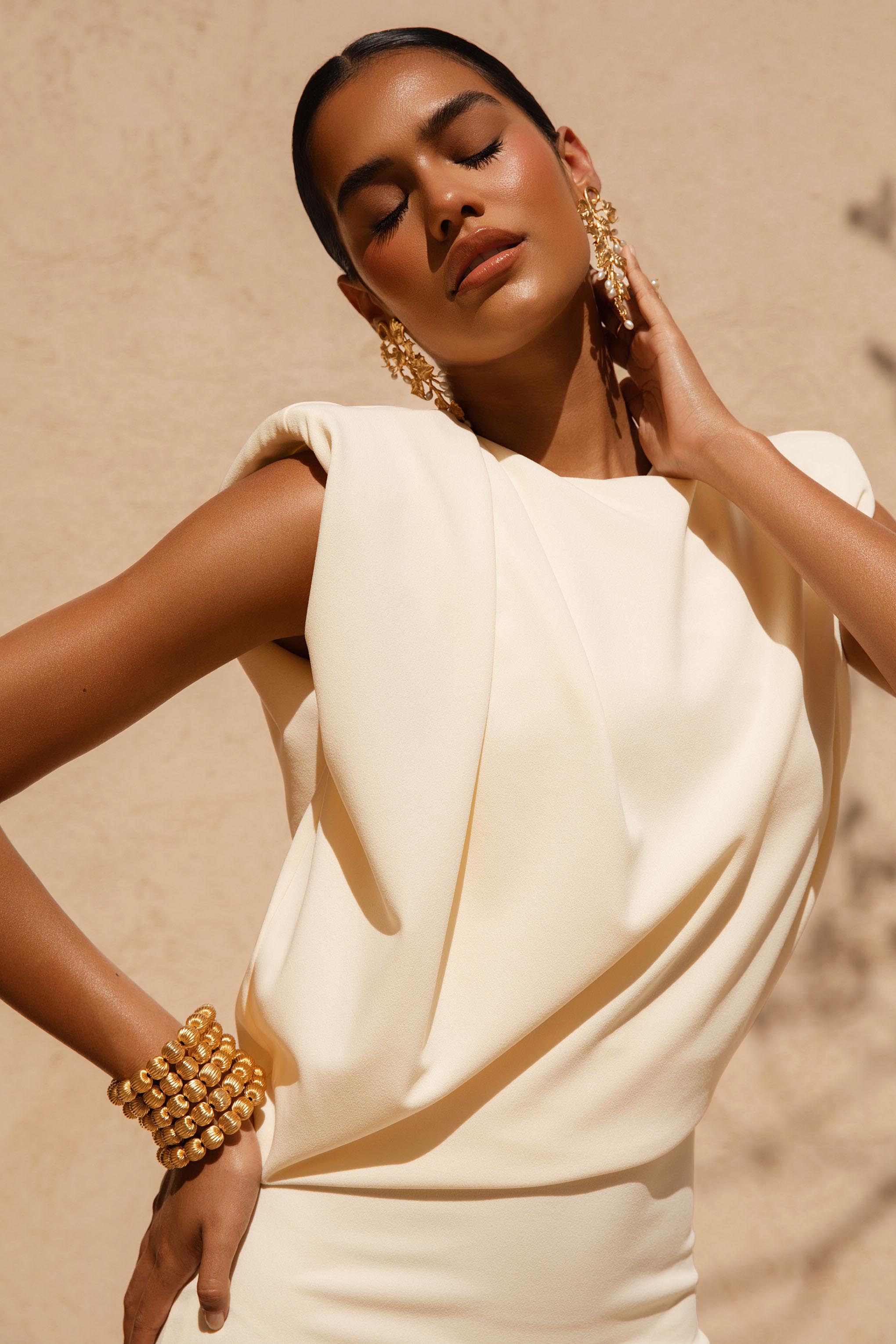 Meave | Lemon High Neck Maxi Dress With Draping Detail