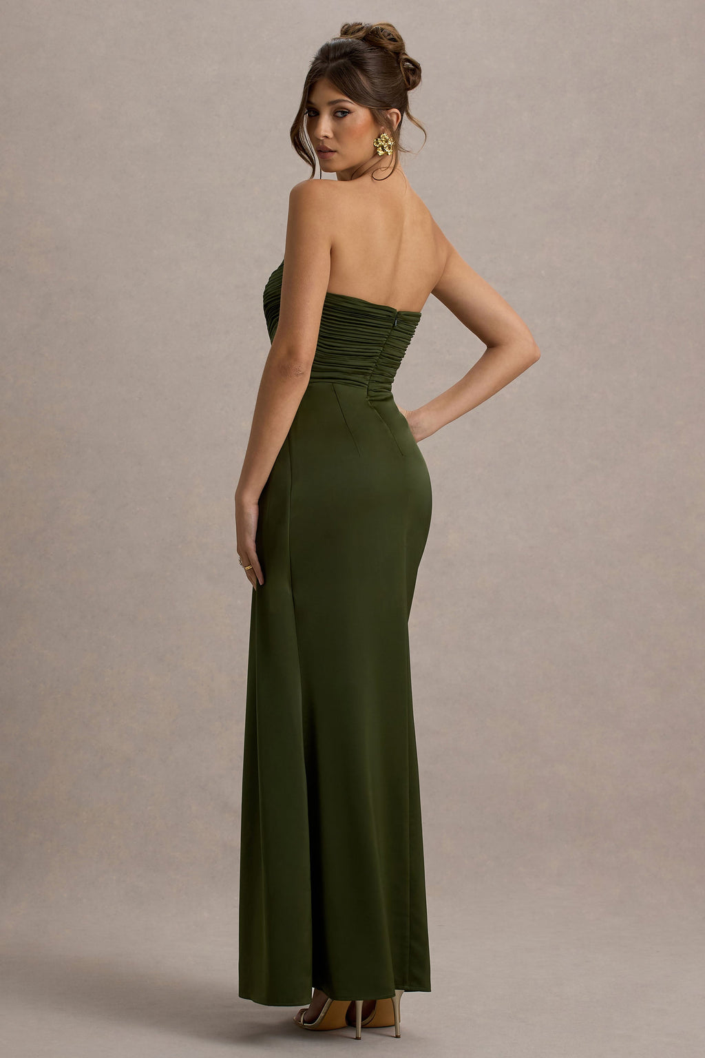 Edel | Olive Satin Strapless Maxi Dress With Drape