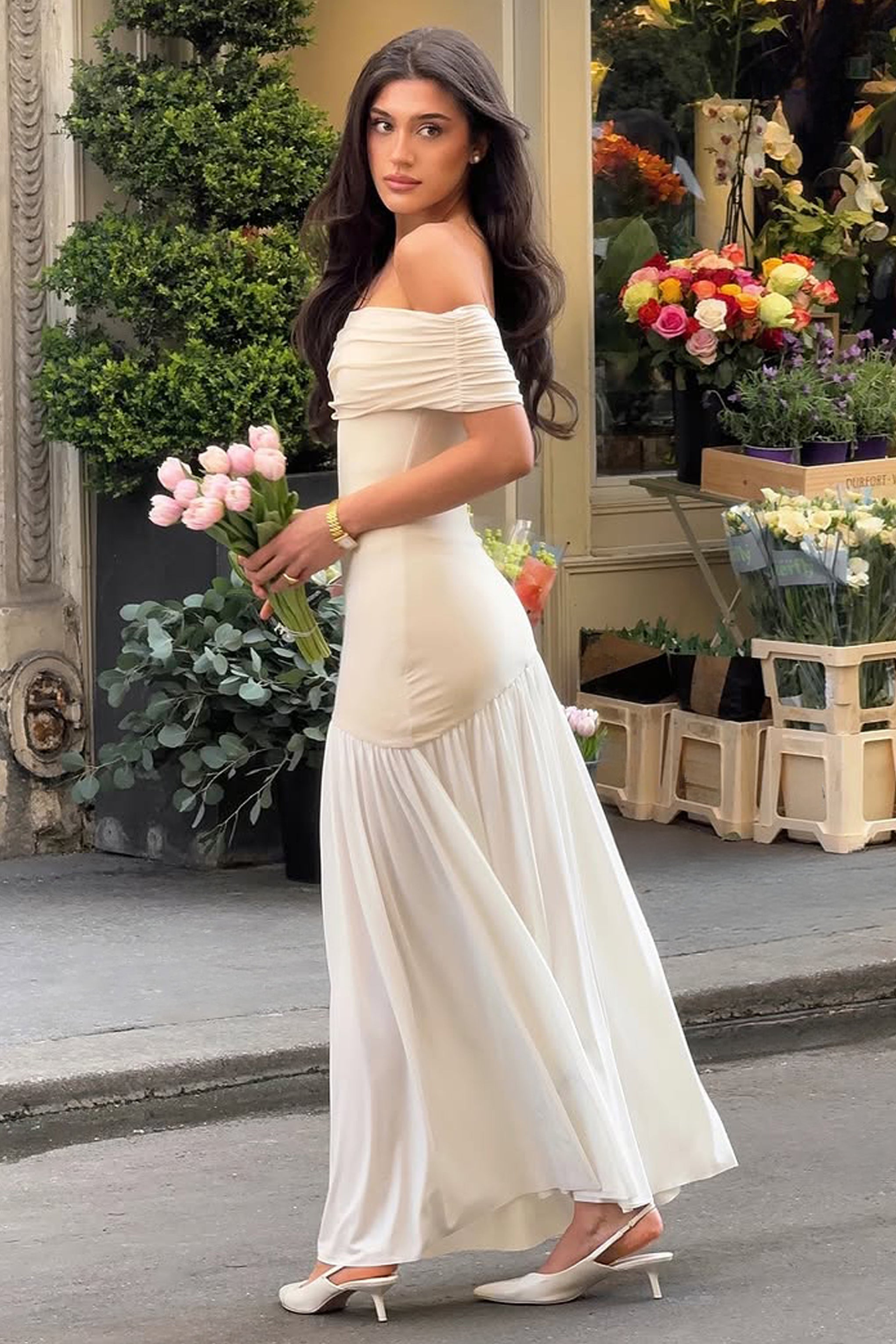 Venezia | Stone & White Bardot Puff-Skirt Maxi Dress