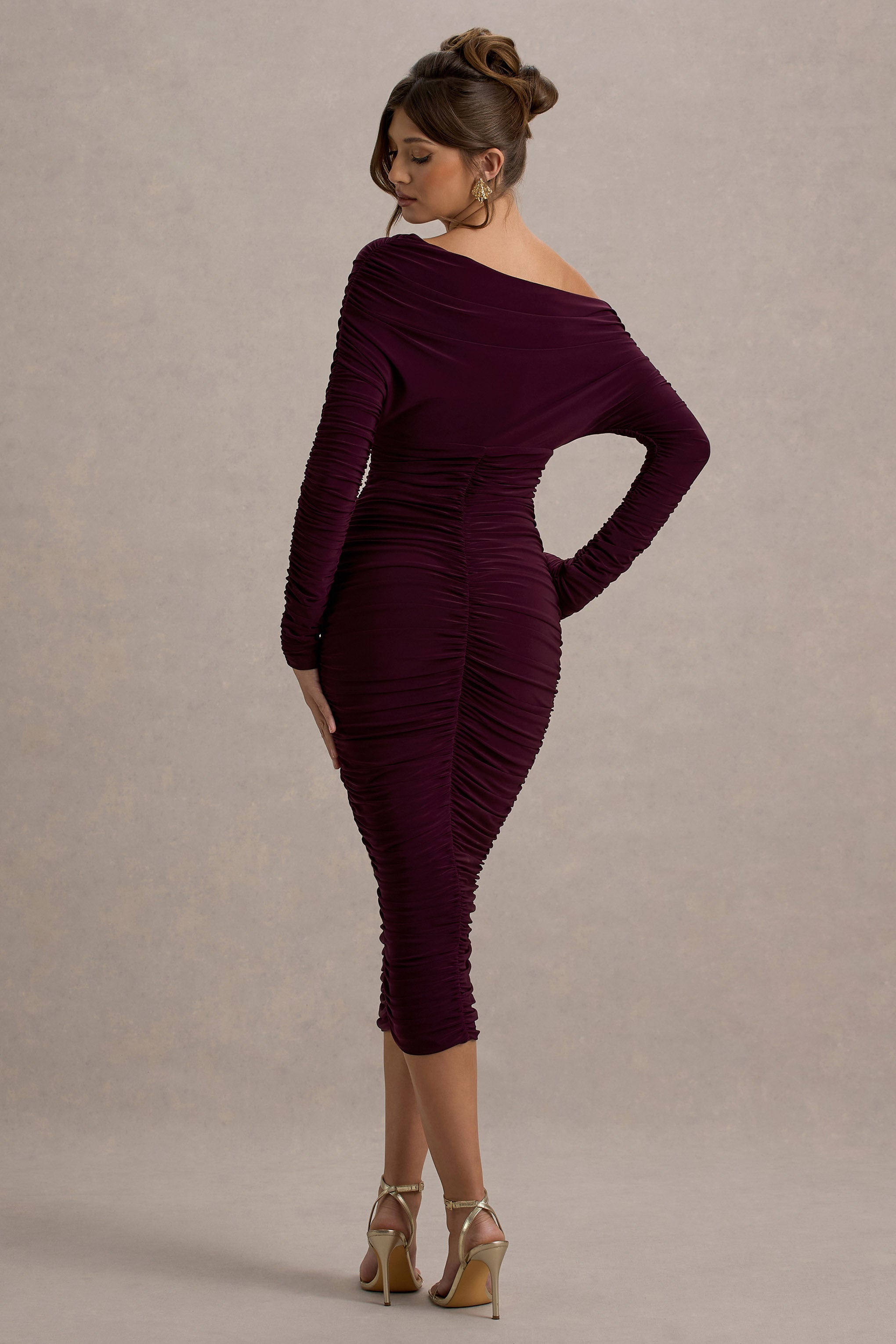 Sinclair | Plum Ruched One-Shoulder Bodycon Midi Dress