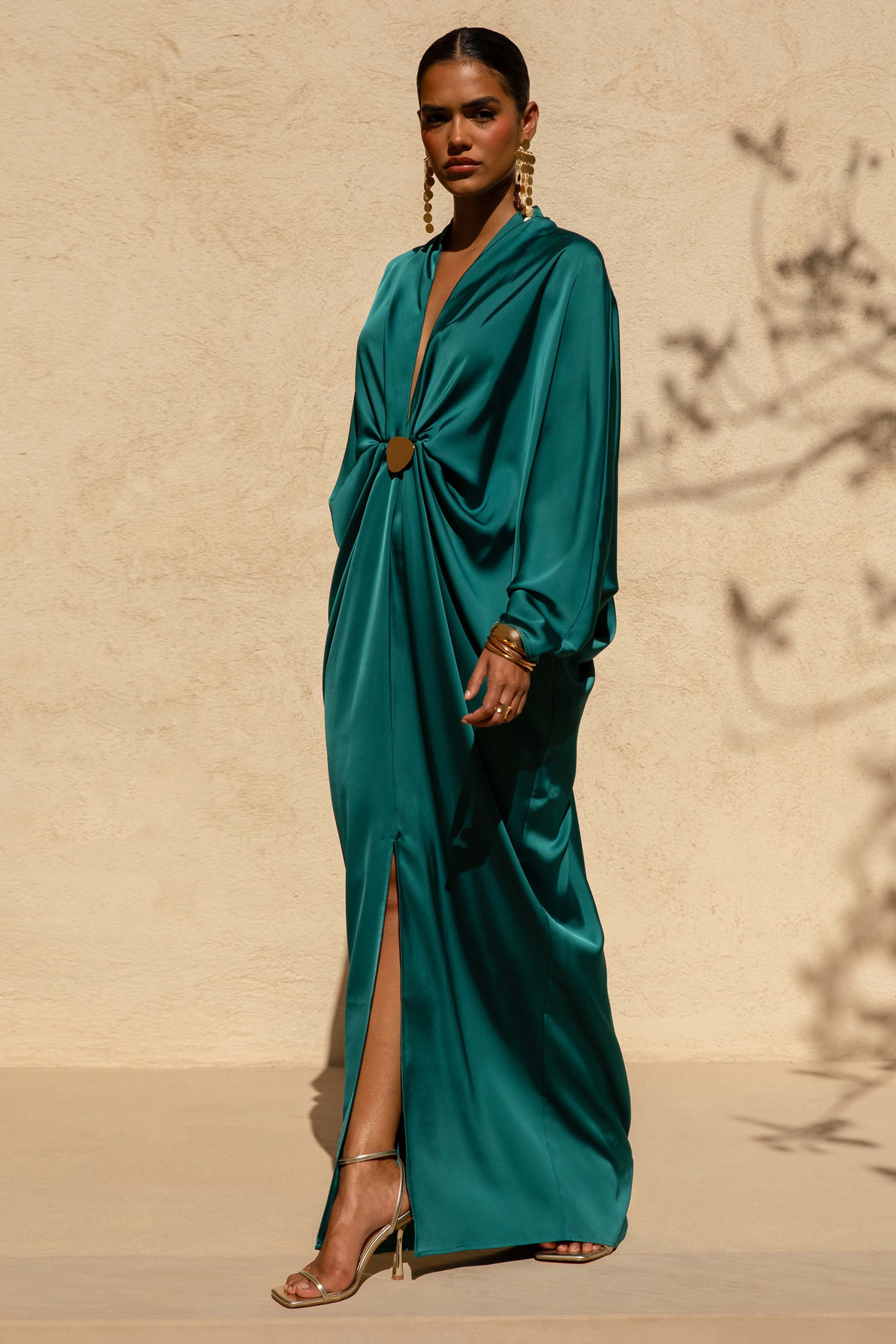 Tina | Dark Green Satin Plunge-Neck Embellished Maxi Dress